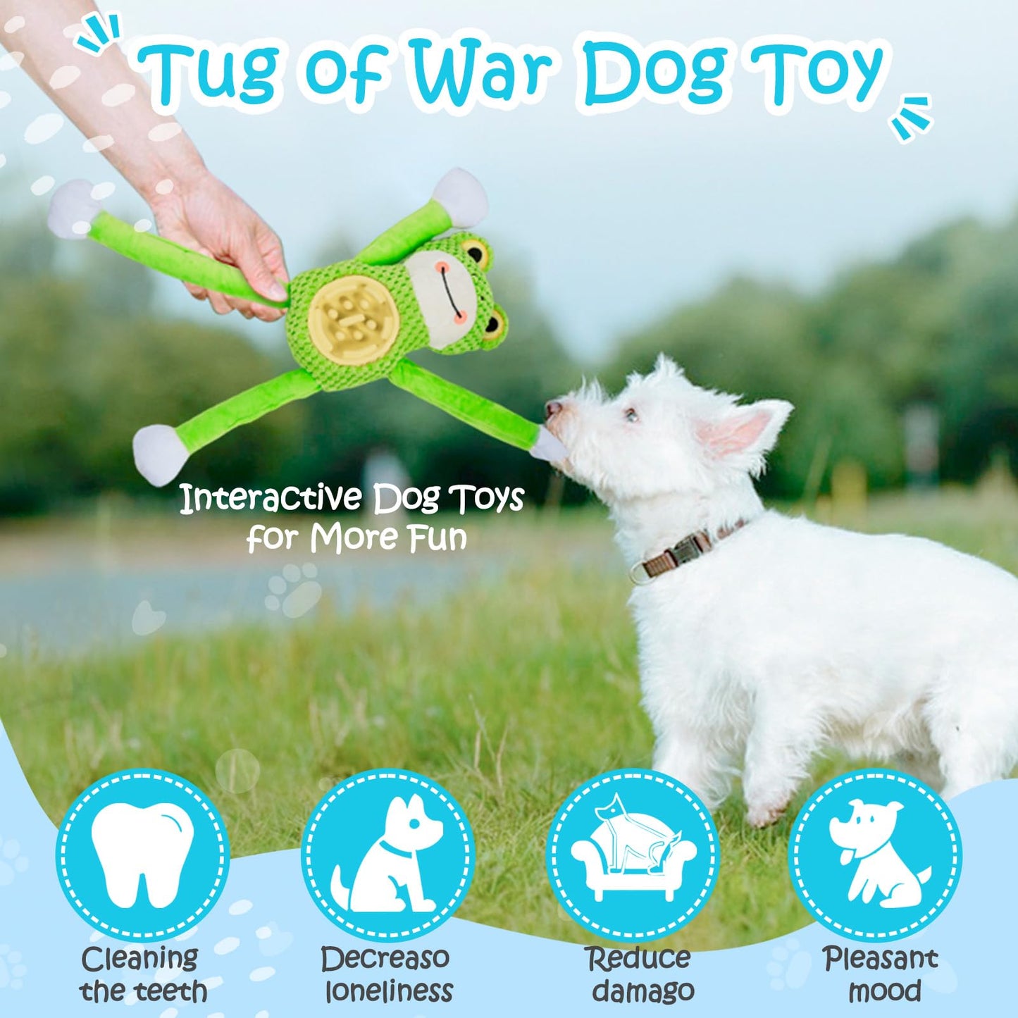 Squeaky Dog Toys - Interactive Frog Plush Dog Toy with Slow Feeder & Tug of War Game, Mental Stimulation Fluffy Stuffed Puppy Toys for Small, Medium, Large Breeds, Durable