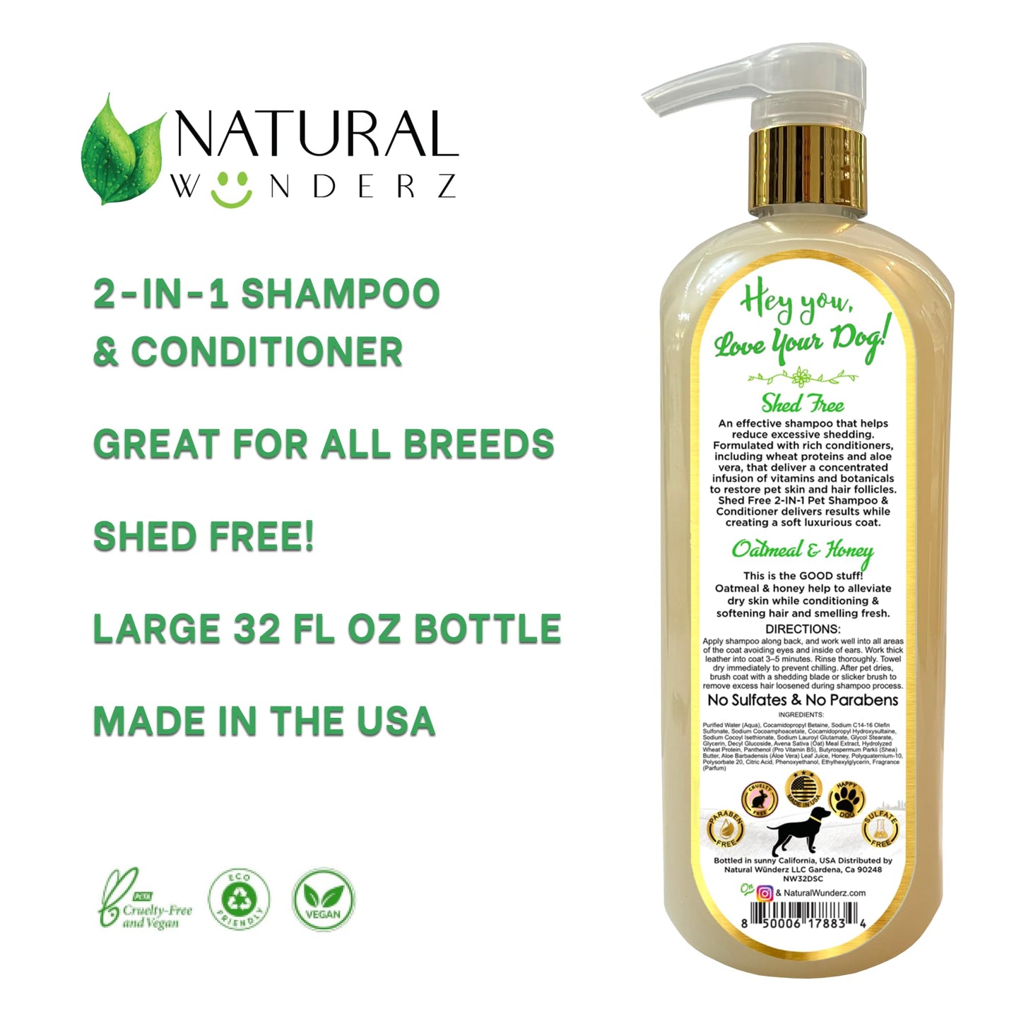 Pet Shampoo & Conditioner, Shed Free 2-in-1, Oatmeal and Honey, Hypoallergenic, Vegan, Natural Extract, for Healthy Skin & Coat, 32 Fl Oz, for Dry Itchy Skin, All Breeds, by Natural Wunderz