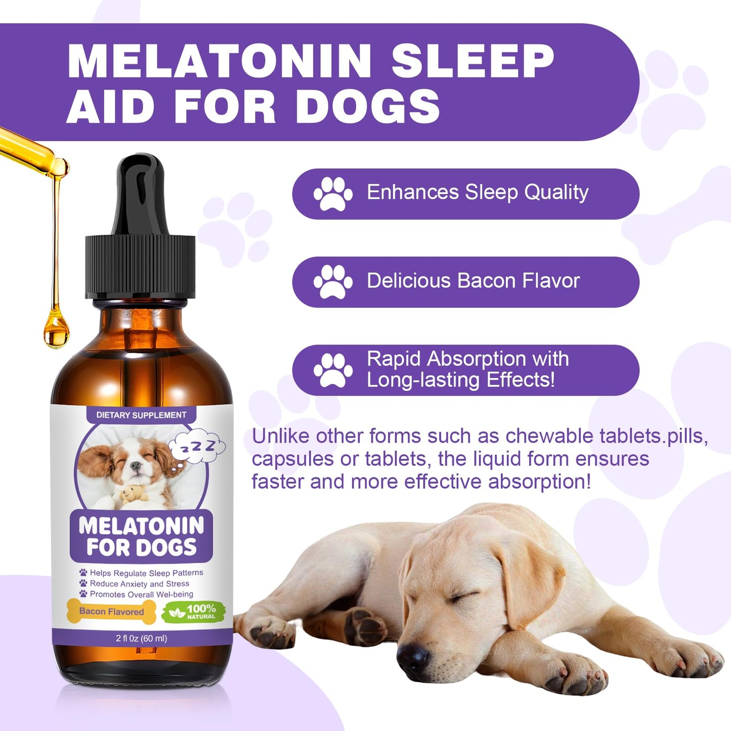 Melatonin for Dogs,Dog Sleep Aid,Calming for Dogs,Melatonin for Sleep Relieves Anxiety and Stress in Dog, Helps Calm and Restful Sleep,Bacon Flavor