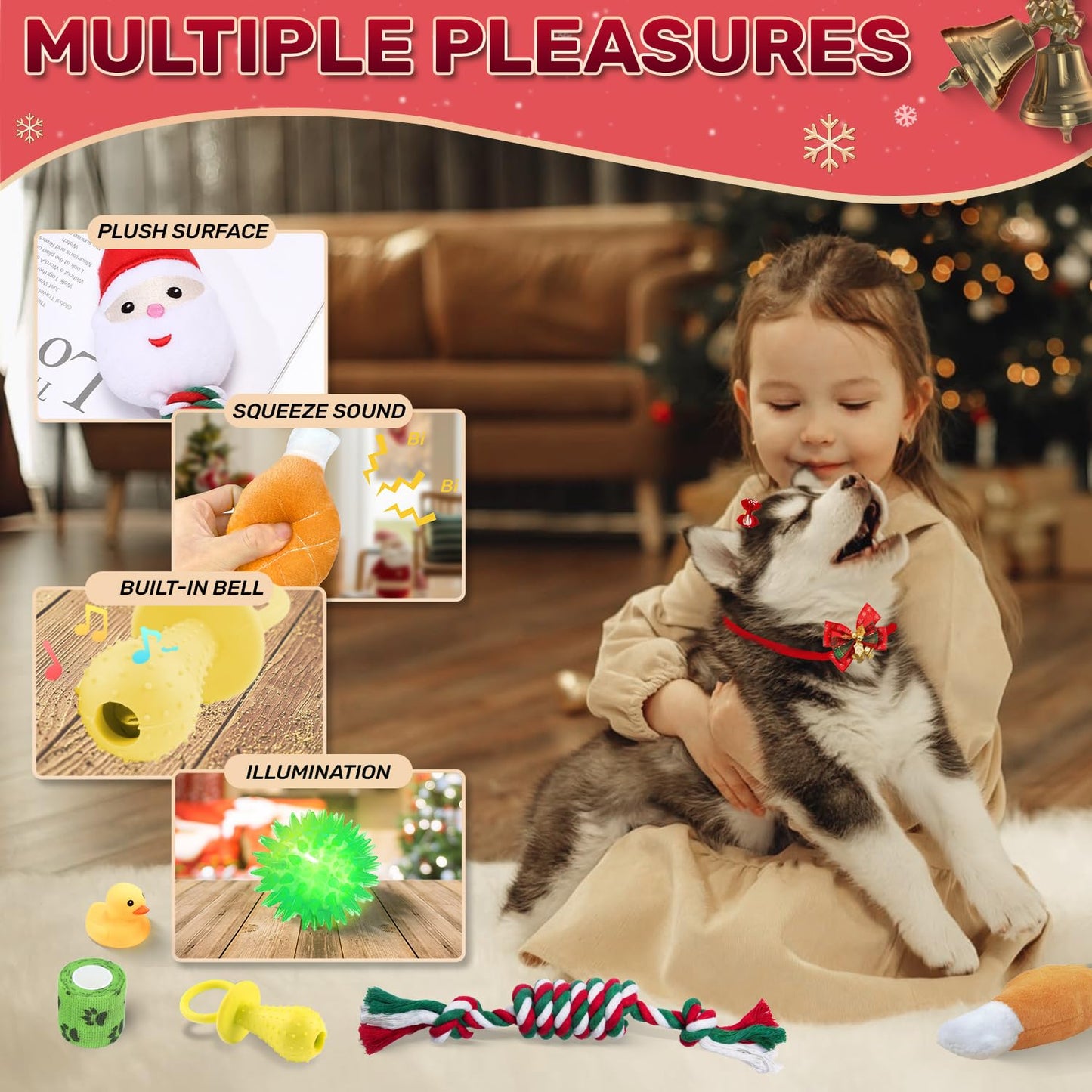 Dog Advent Calendar 2024, Christmas Dog Toys with Chew Ropes Squeaky Balls Teething Toys Dog Bow Tie Collars Bandana, 24 Set Christmas Countdown Calendar Gift for Dog Puppy