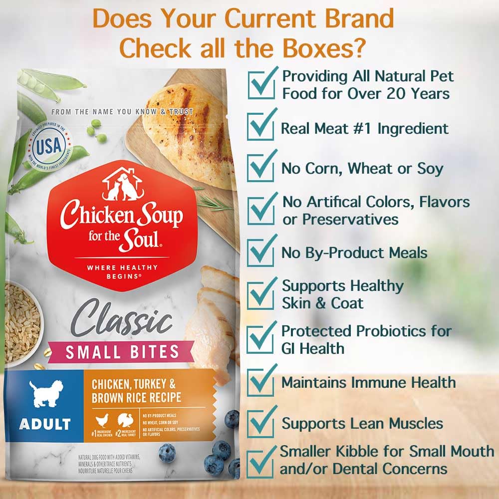 Chicken Soup for The Soul All Natural Premium Small Bites Adult Dry Dog Food, Real Meat First Ingredient, No by-Products, Supports Gut & Immune Health, Chicken, Turkey & Brown Rice, 13.5lb