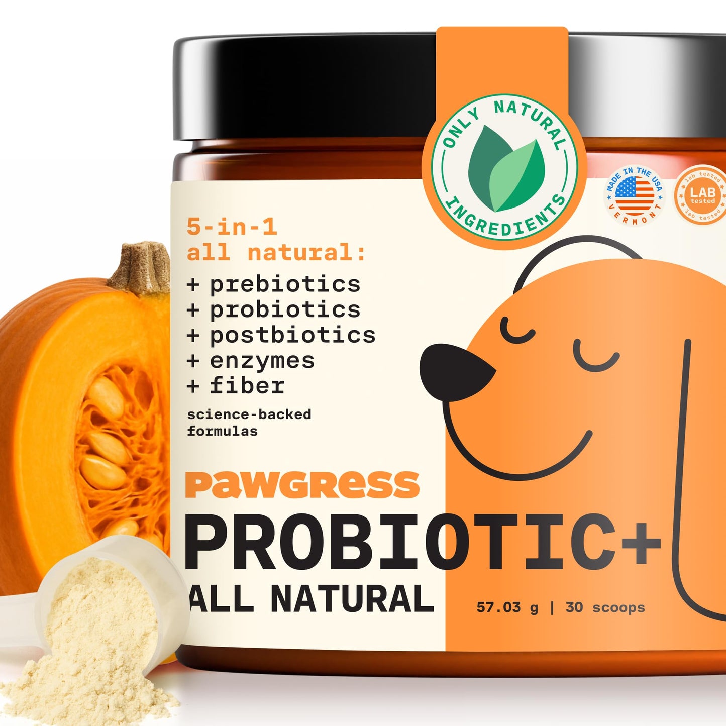 Pawgress 5-in-1 Dog Probiotic Powder – 100% Natural Gut Health Support with Prebiotics, Postbiotics & Enzymes – Crafted by Dog Nutritionist Kayla Kowalski, Made in USA – 30 Scoops