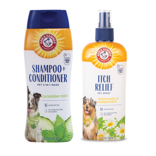 Arm & Hammer 2-in-1 Dog Shampoo & Conditioner and Itch Relief Spray Bundle | Cucumber Mint & Chamomile Peppermint Scents | Dog Grooming and Itchy Skin Care, 20 oz + 8 oz