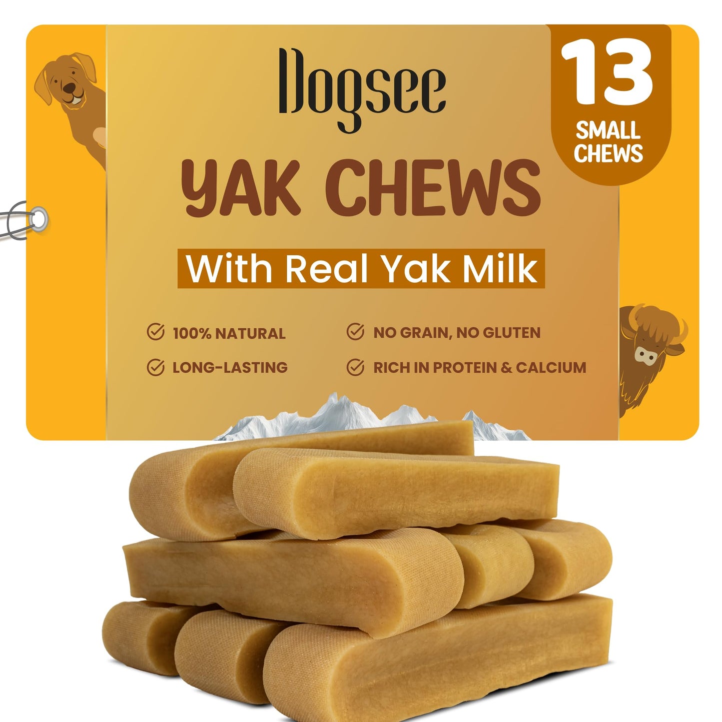 Dogsee Original Yak Cheese Himalayan Dog Chews 1lb (Small- 13 Bars) | 100% All Natural | Dog Treats Small Breed | Dog Chews Long Lasting for Aggressive Chewers | High Protein | Dental Sticks