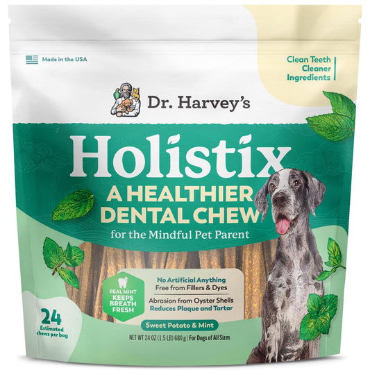 Dr. Harvey's Holistix Dental Chews for Dogs - Dog Teeth Cleaning & Fresh Breath Treats, Sweet Potato Mint (24 Sticks)