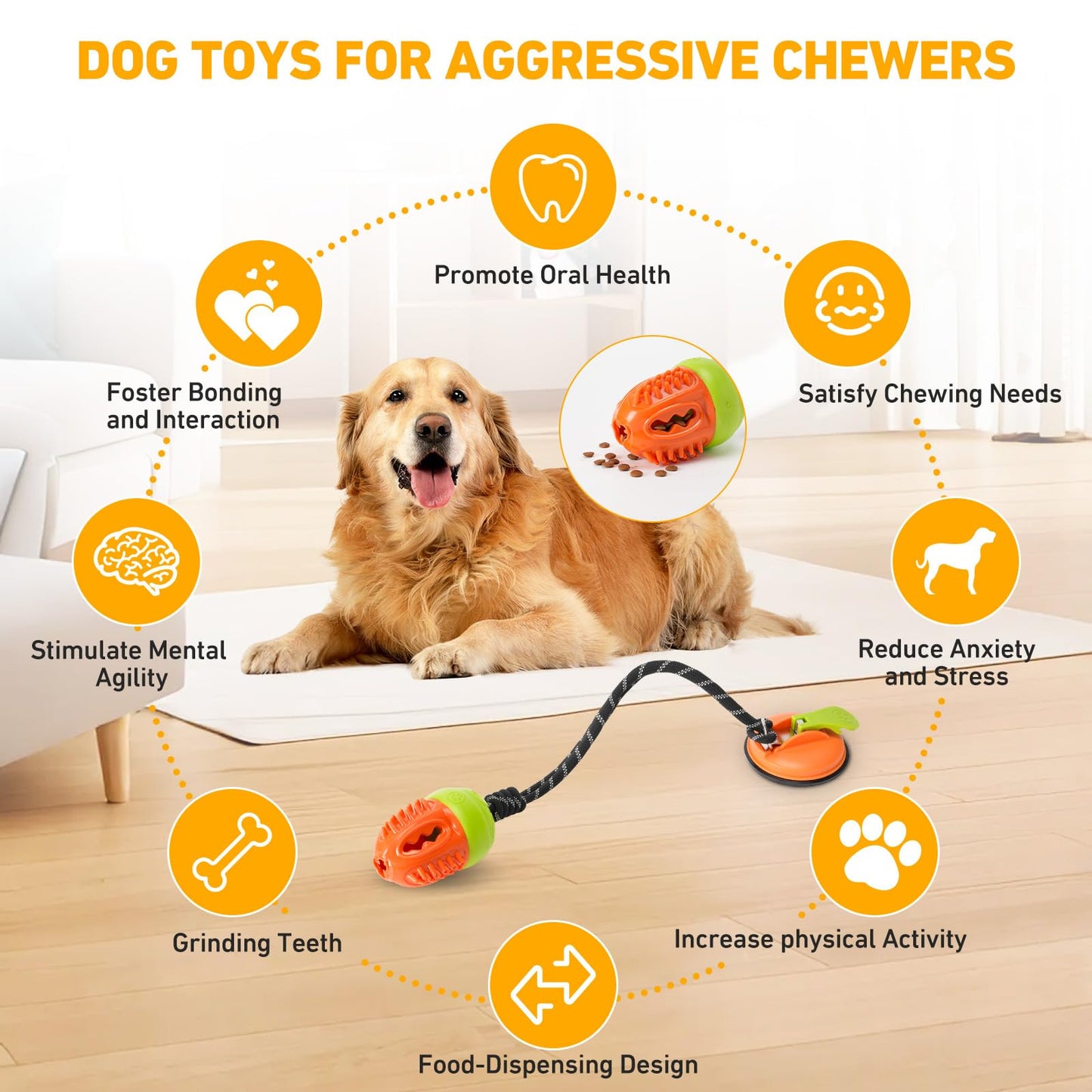 Interactive Dog Toys Tug of War, Stimulating Chew Toy Suction Cup Tug of War Enrichment Rope Boredom Busy Self Play Food Teething, Indestructible Puzzle Toys & Treat Dispensing Ball for Dog Enrichment