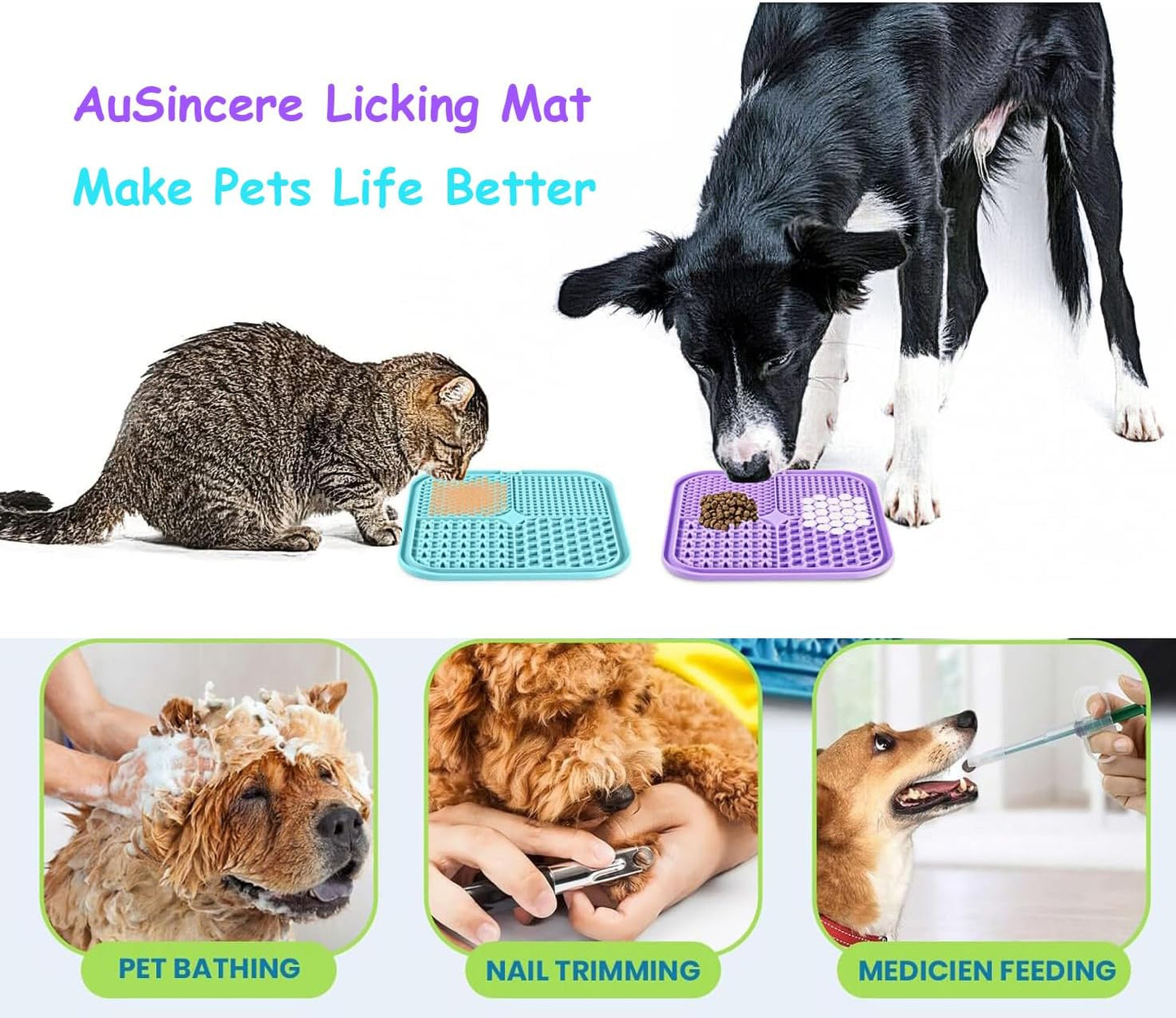 AUSINCERE Lick Mat for Dogs and Cats, 7.9inch Licking Pad with Suction Cups, Slow Feeder Pet Bowls for Training and Bathing Grooming Large 4Pack