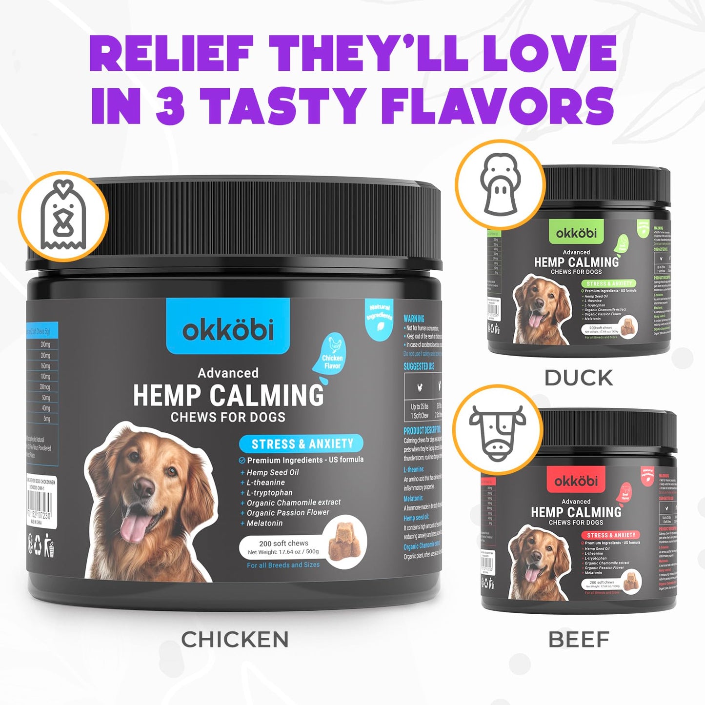 Hemp Calming Chews for Dogs Anxiety 200 pcs - Chicken Flavored - Dog Anxiety Relief - Dog Calming Chews - Melatonin for Dogs - for Stress, Travel, Check-up, Barking or Grooming - Dog Calming Treats