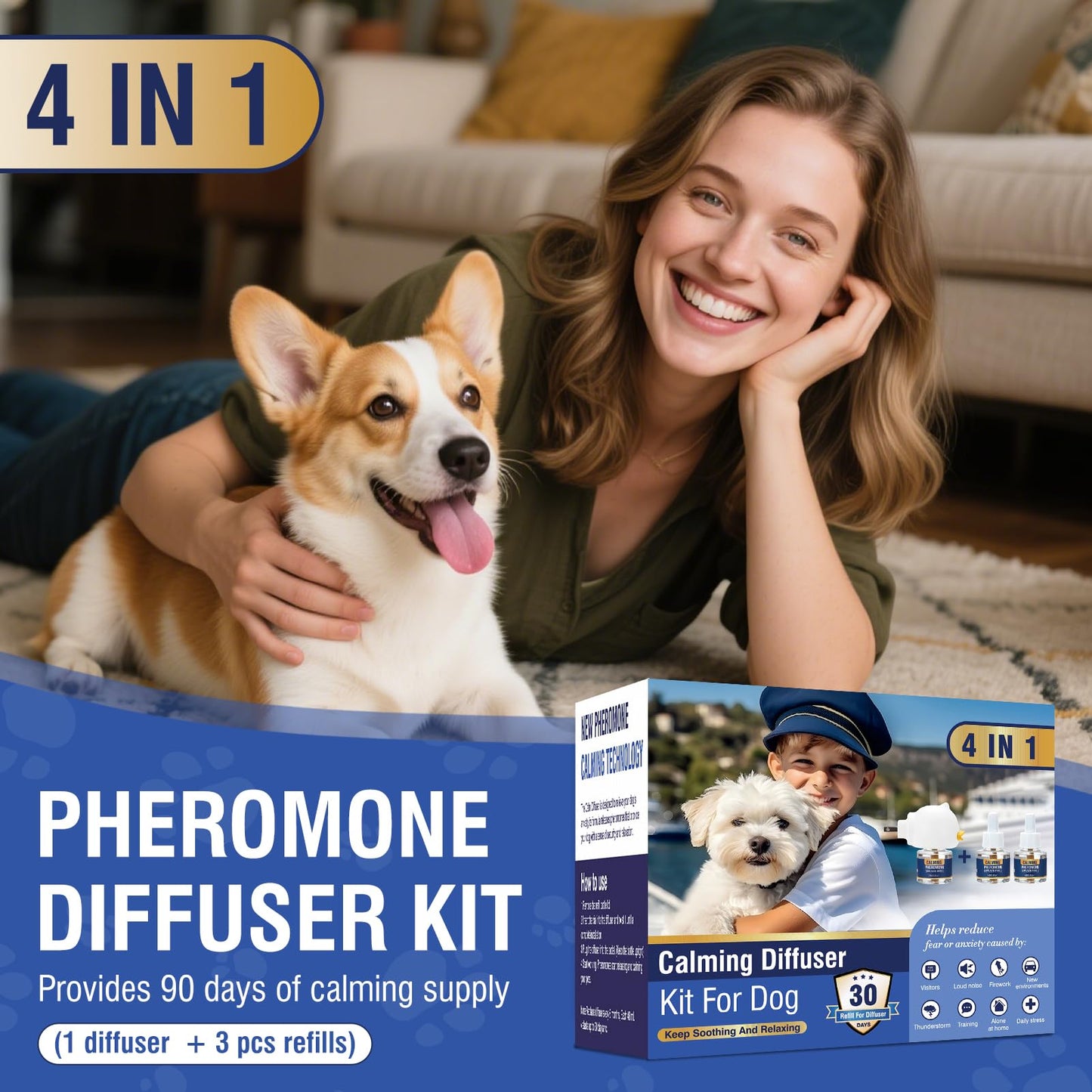 Dog Pheromone Calming Diffuser 4 In 1 Appeasing Pet Pheromones Diffuser to Calm Kit (Plug in+ 3 Pack 48ml Refill) for Anxiety Relief Reduce Barking Aggression Fighting Stress 90 Day Supply(Tasteless)