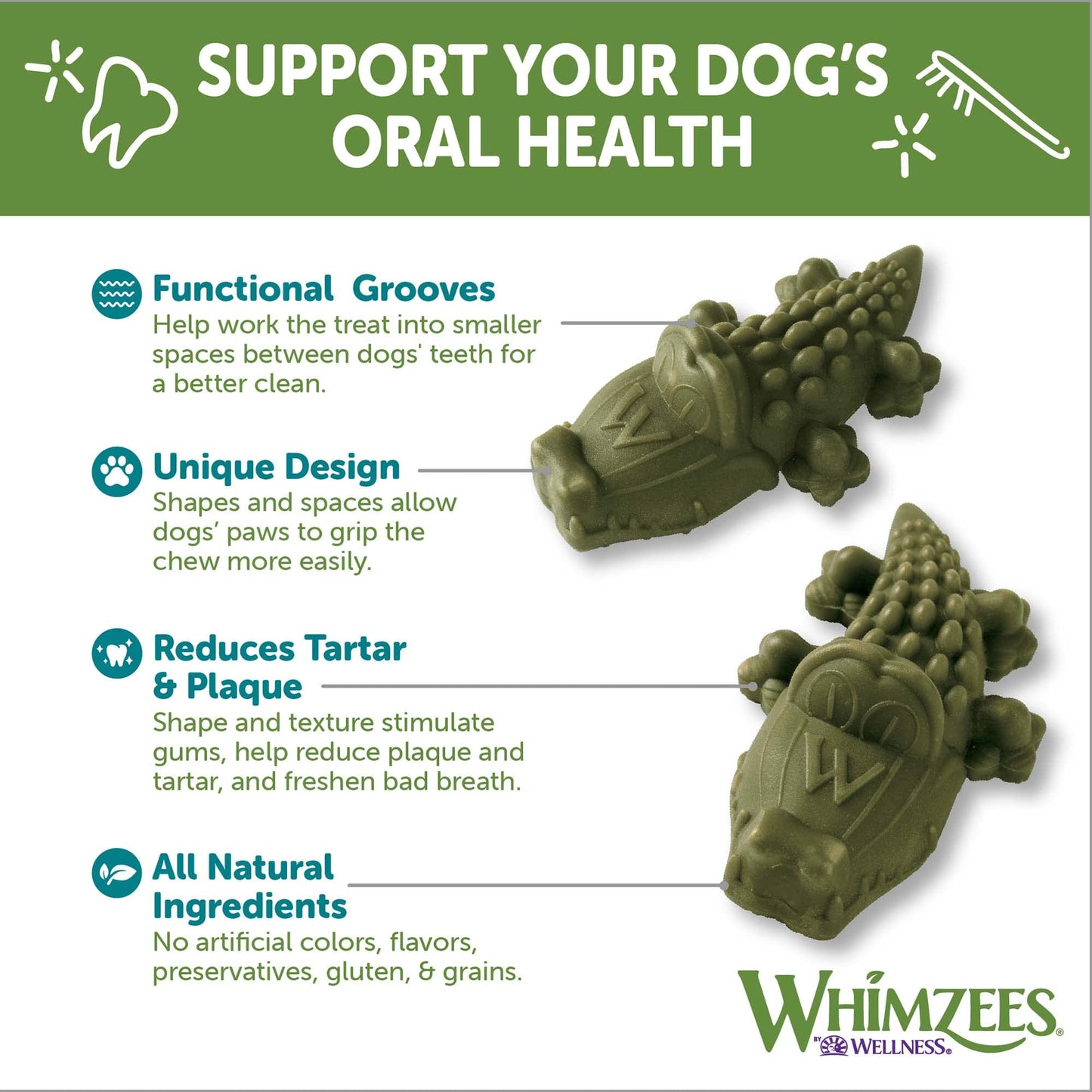 Whimzees Wellness Alligator Dog Dental Treats, Natural Chews, Large Size, (6 Count)
