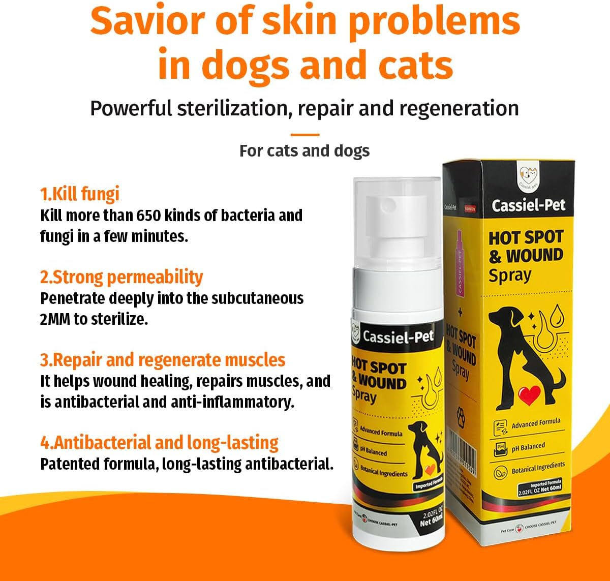 Cassiel pet Hot Spot Spray for Dogs, Itch Relief Spray & Hot Spot Treatment for Dogs, Cats, Helps Alleviate Sensitive Skin, Scratching, and Licking of Coat, for All Animals, 2.02oz