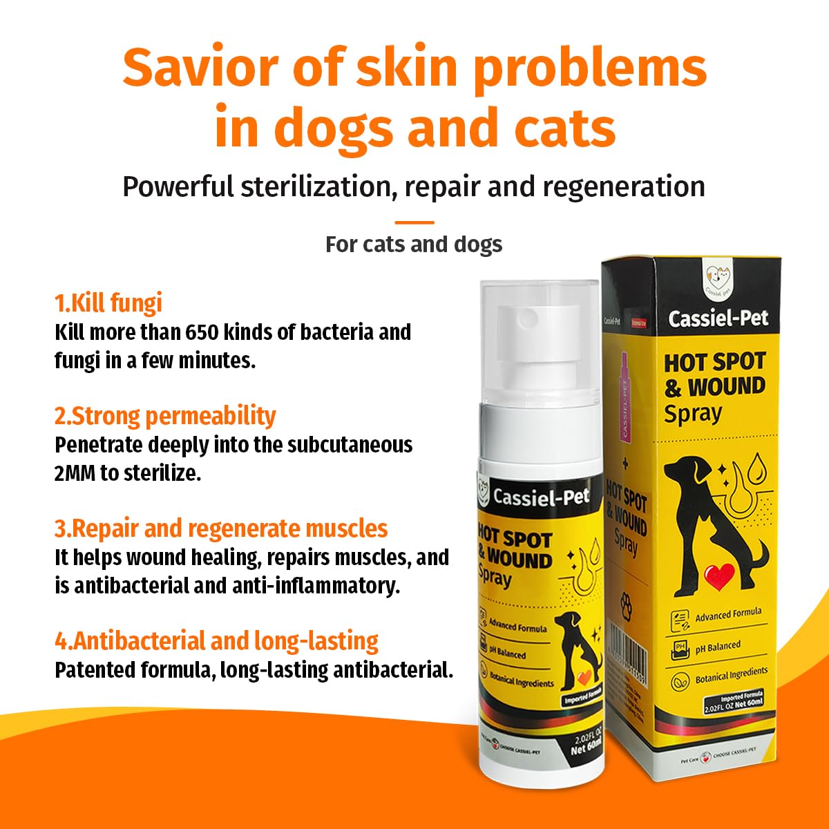 Cassiel pet Hot Spot Spray for Dogs, Itch Relief Spray & Hot Spot Treatment for Dogs, Cats, Helps Alleviate Sensitive Skin, Scratching, and Licking of Coat, for All Animals, 2.02oz