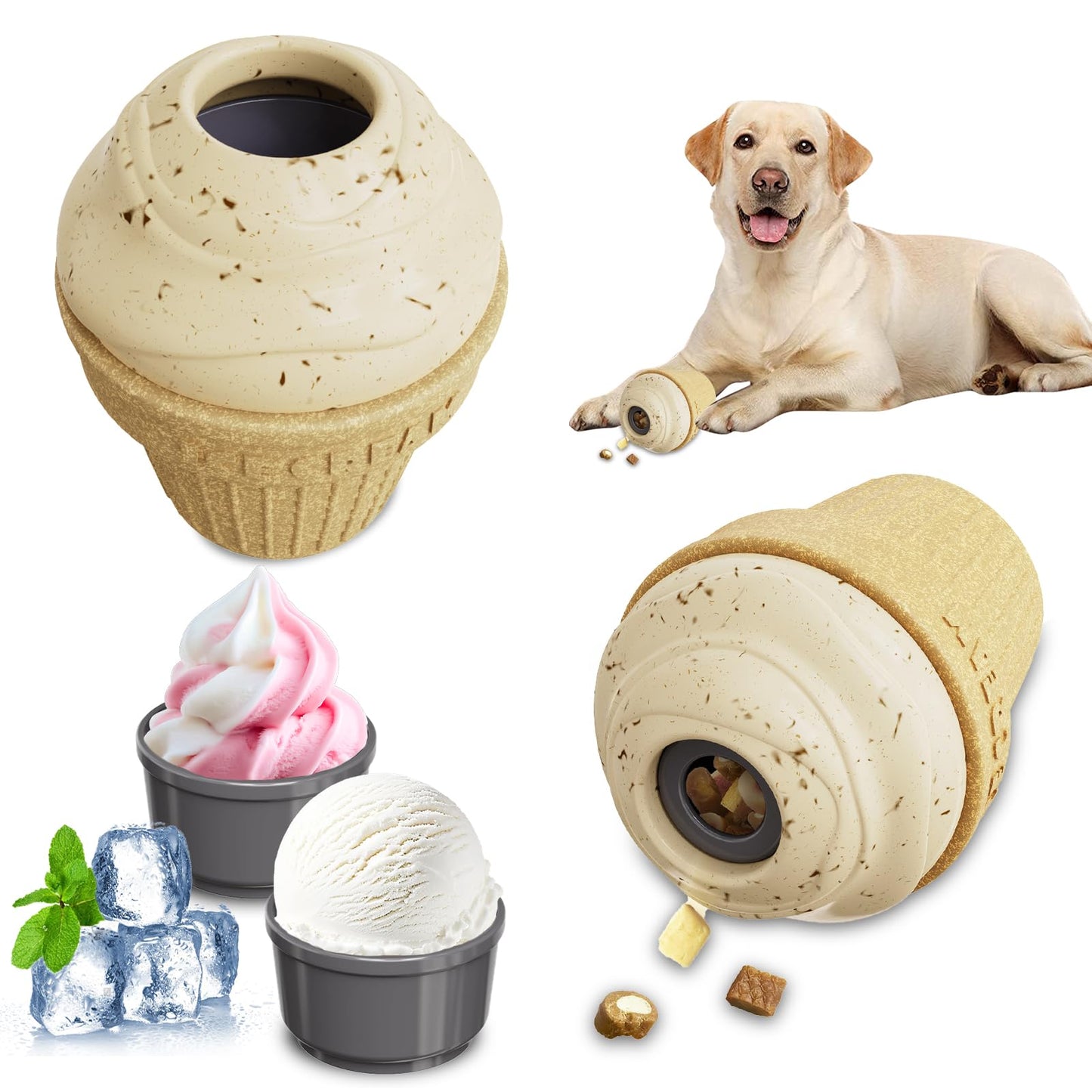 hwnguJ Durable Dog Toy for Aggressive Chewers - Freezable Ice Cream Puzzle Toy - Interactive Treat Dispenser for Anxiety Relief – Long-Lasting Dog Birthday Gift