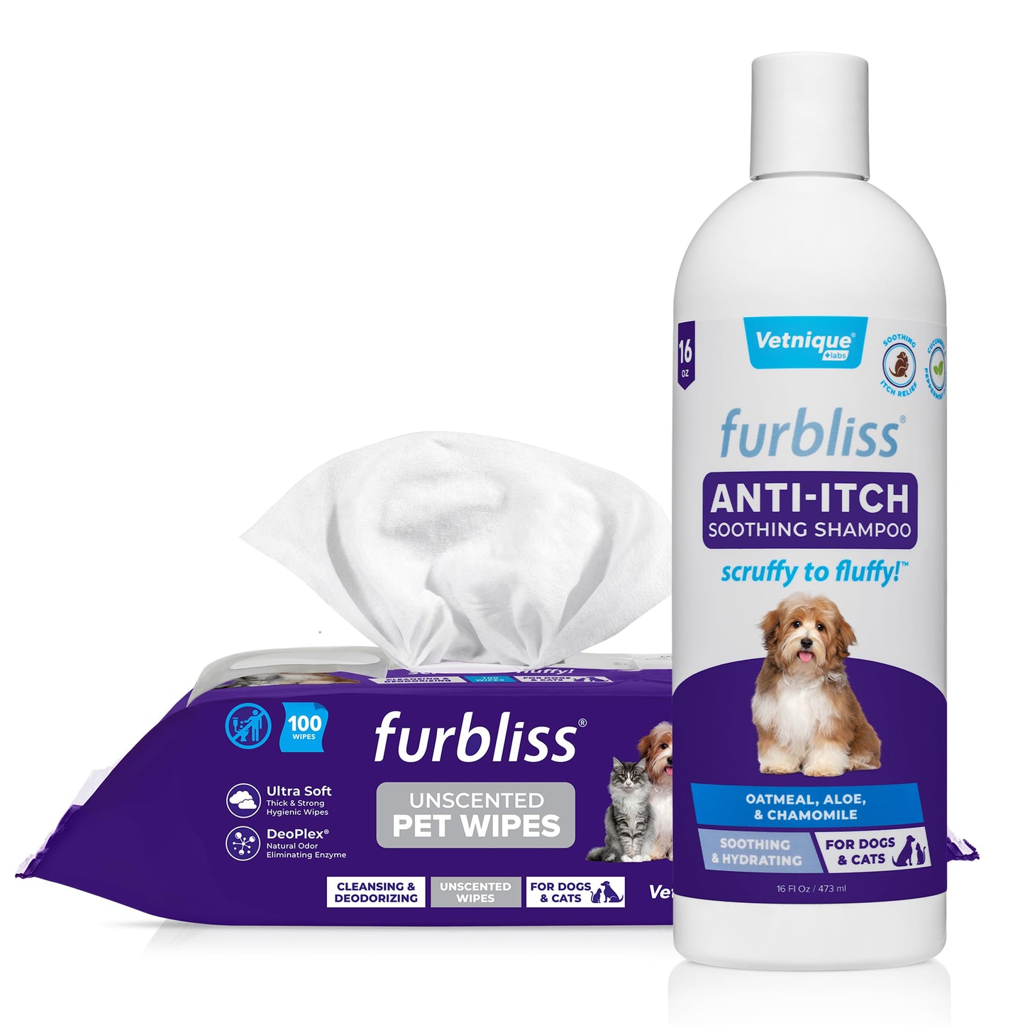 Vetnique Labs Furbliss Anti-Itch Soothing Oatmeal Shampoo 16oz & Furbliss Unscented Hygienic Grooming Pet Wipes (100 Ct) Bundle Anti-Itch Oatmeal Shampoo for Dogs, Hypoallergenic Wipes with Vitamin E