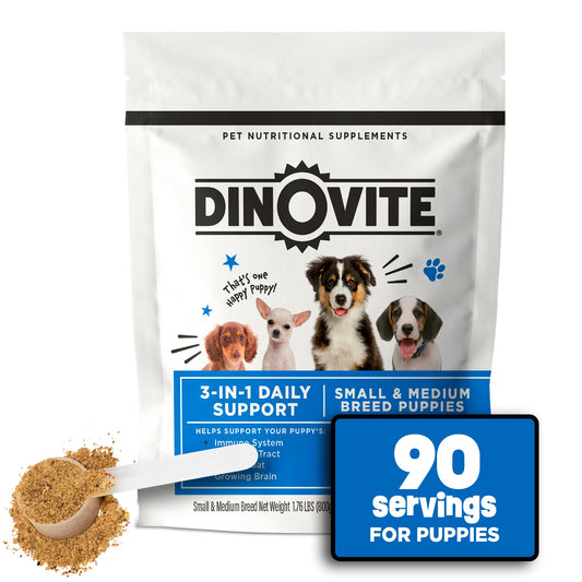 Dinovite 3 in 1 Probiotic for Puppies, Skin & Coat, Digestive Health & Joint Relief, Dog Food Toppers, Salmon Oil, Glucosamine, Allergy Relief & Itch Relief Skin Care, 90 Servings (Puppy)