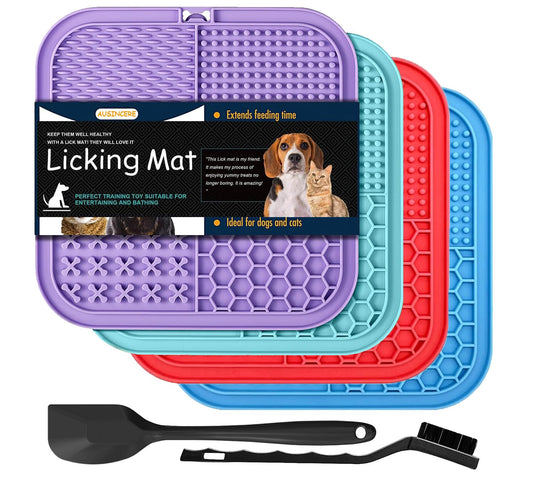 AUSINCERE Lick Mat for Dogs and Cats, 7.9inch Licking Pad with Suction Cups, Slow Feeder Pet Bowls for Training and Bathing Grooming Large 4Pack