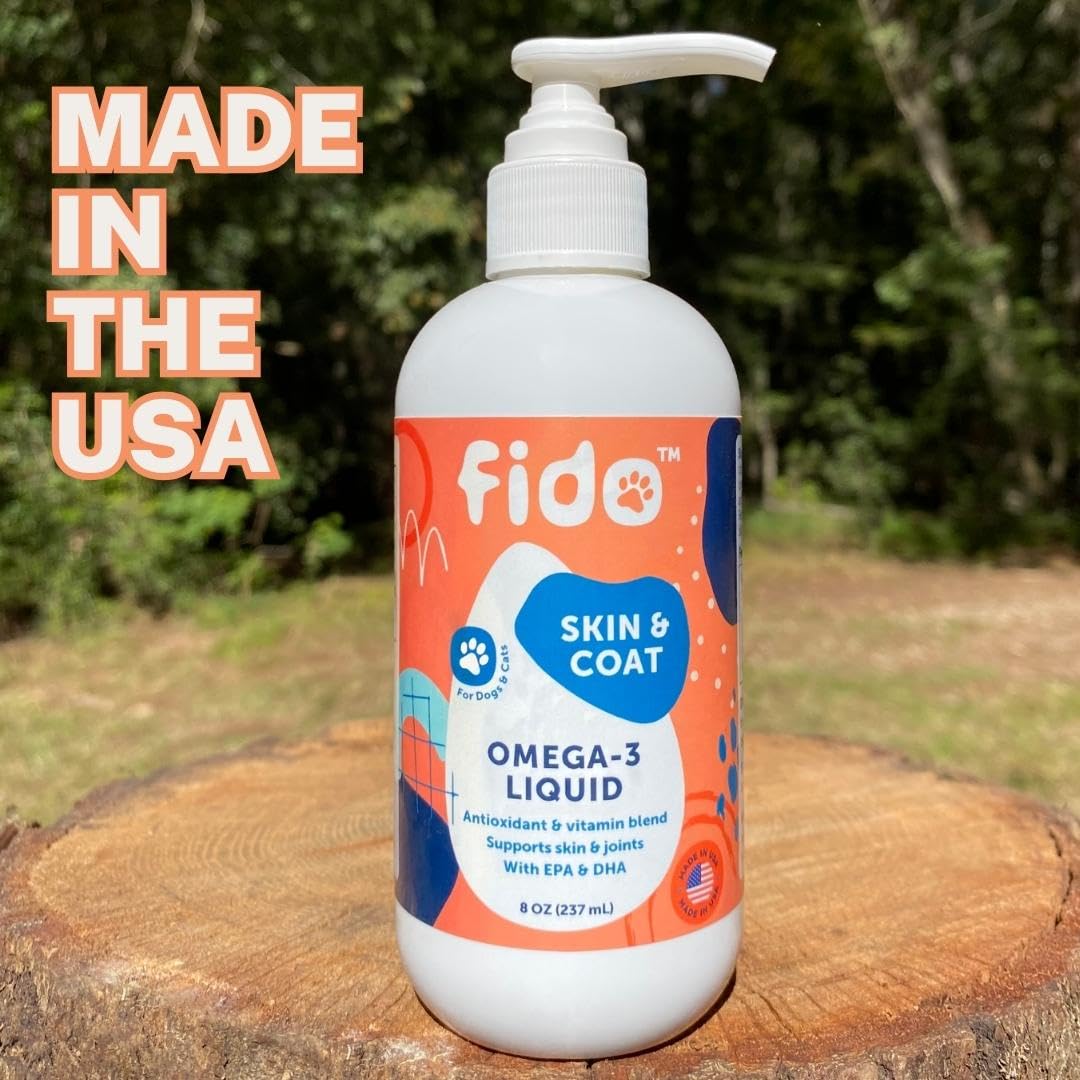 Fido Omega 3 Fish Oil for Dogs, 8 oz | EPA & DHA-Enriched for Skin, Coat, Joint & Heart Health | Tasty Supplement for All Breeds | Made in USA | Ideal for Sensitive Skin