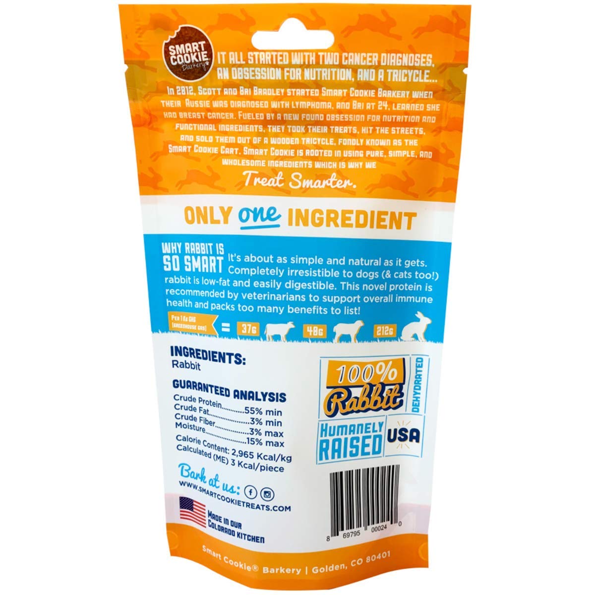 Smart Cookie Single Ingredient Rabbit Jerky Dog Treats - Bite Size Training Treats for Dogs and Puppies with Allergies and Sensitive Stomachs - Dehydrated, 100% Meat, Made in USA - 3oz, Pack of 1