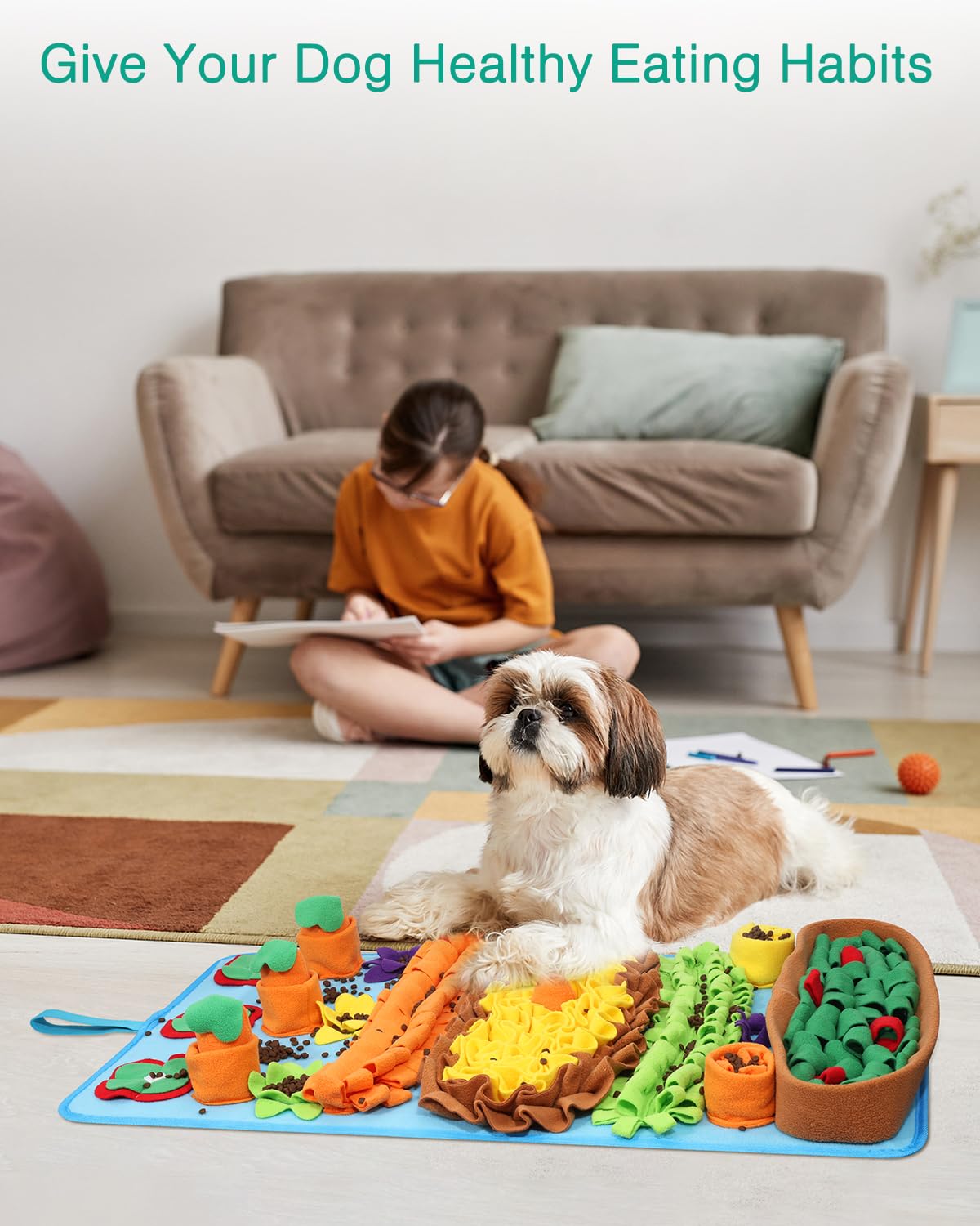 ORIA Snuffle Mat for Dogs, 32''x20'' Dog Treats Mat with 4 Squeaky Carrots, Slow Feeder Puzzle Toy for Boredom, Stress Relief, Foraging Mats for Small Medium Large Dogs Cats Rabbits