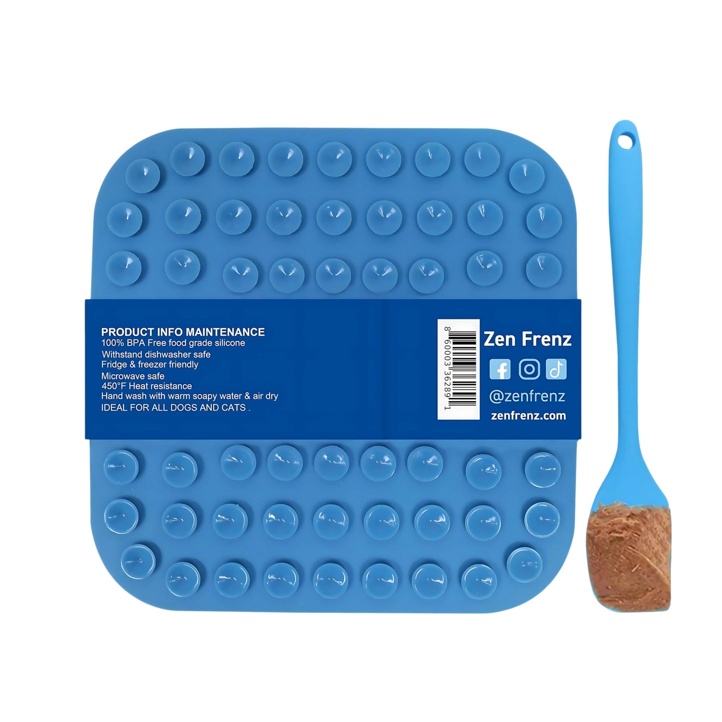 Zen Frenz Premium Lick Mat for Dogs & Cats with Suction Cups and Spatula Spreader for Pet Separation Anxiety Relief, Slow Feeder, Perfect with Peanut Butter, Occupying Tactic, Grooming, and Travel