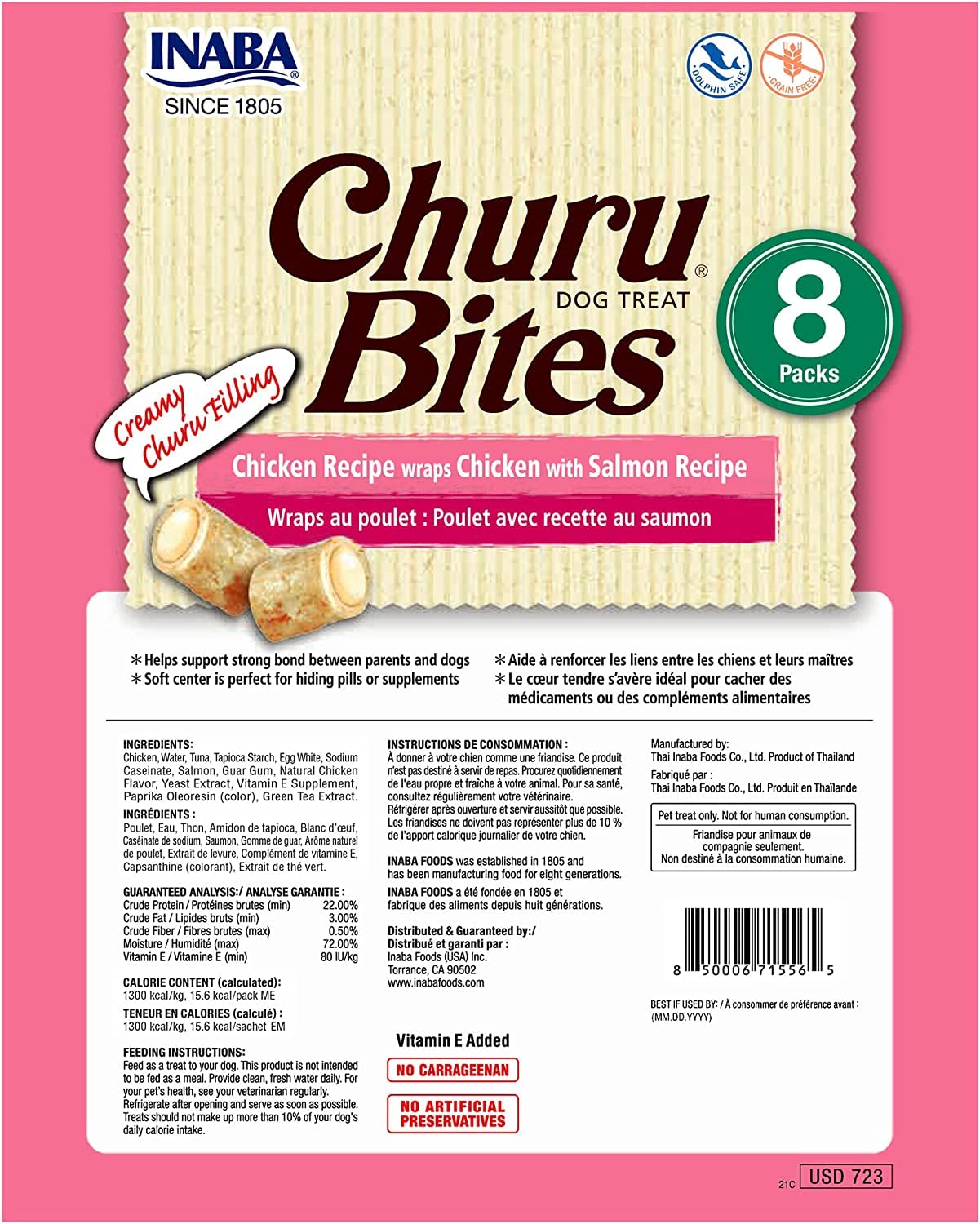 INABA Churu Bites for Dogs, Grain-Free, Soft/Chewy Baked Chicken Wrapped Churu Filled Dog Treats, 0.42 Ounces Each Tube | 24 Tubes Total, Chicken with Salmon Recipe