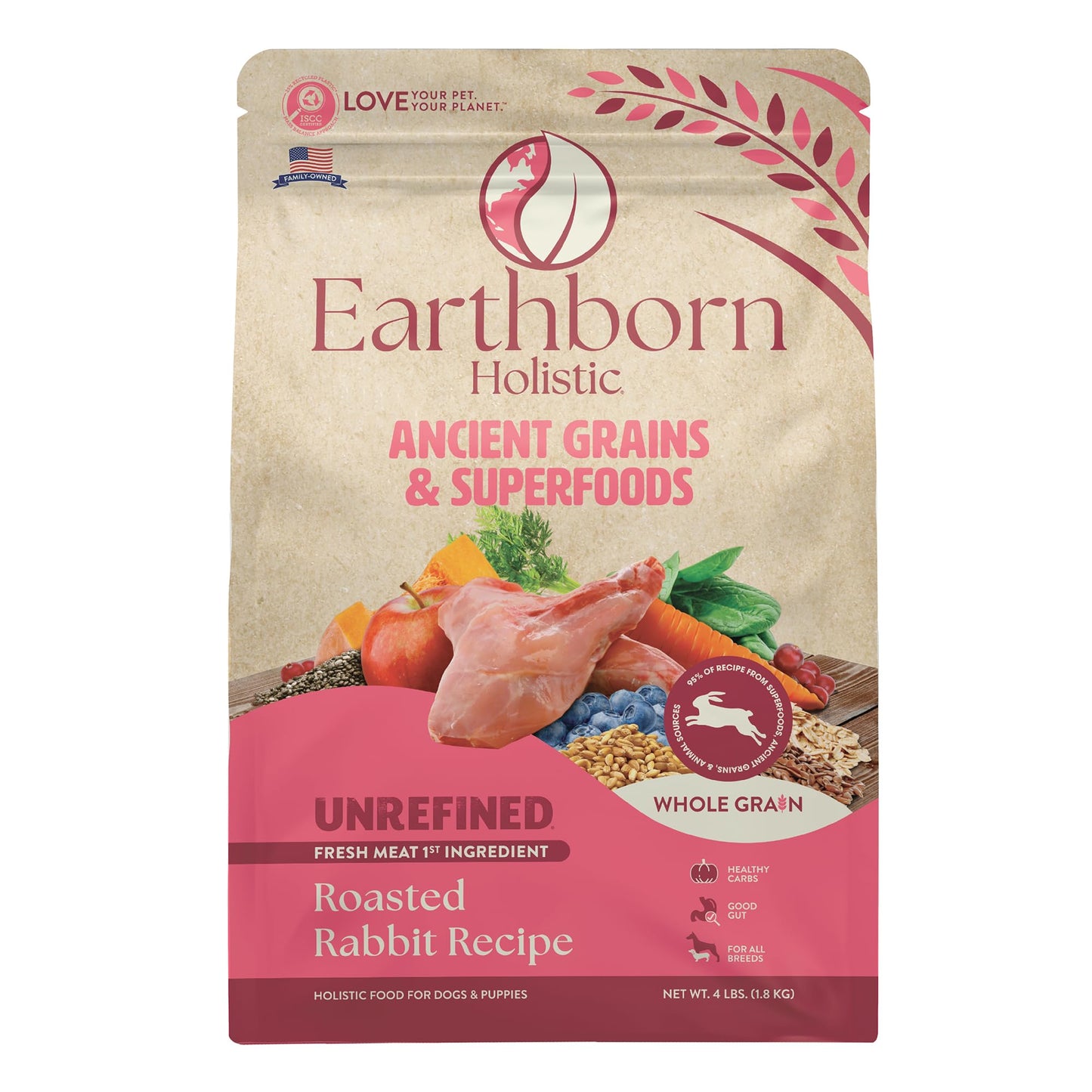 Earthborn Holistic Unrefined Roasted Rabbit with Ancient Grains & Superfoods Dry Food for Dogs & Puppies (4 lb. Bag)