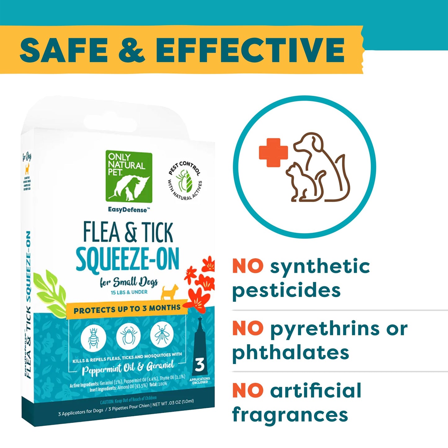 Only Natural Pet EasyDefense Flea & Tick Prevention for Small Breed Dogs (up to 15 lbs) - Natural Herbal Control, Squeeze-On Drops - Protects up to 3 Months (S Sqz.)