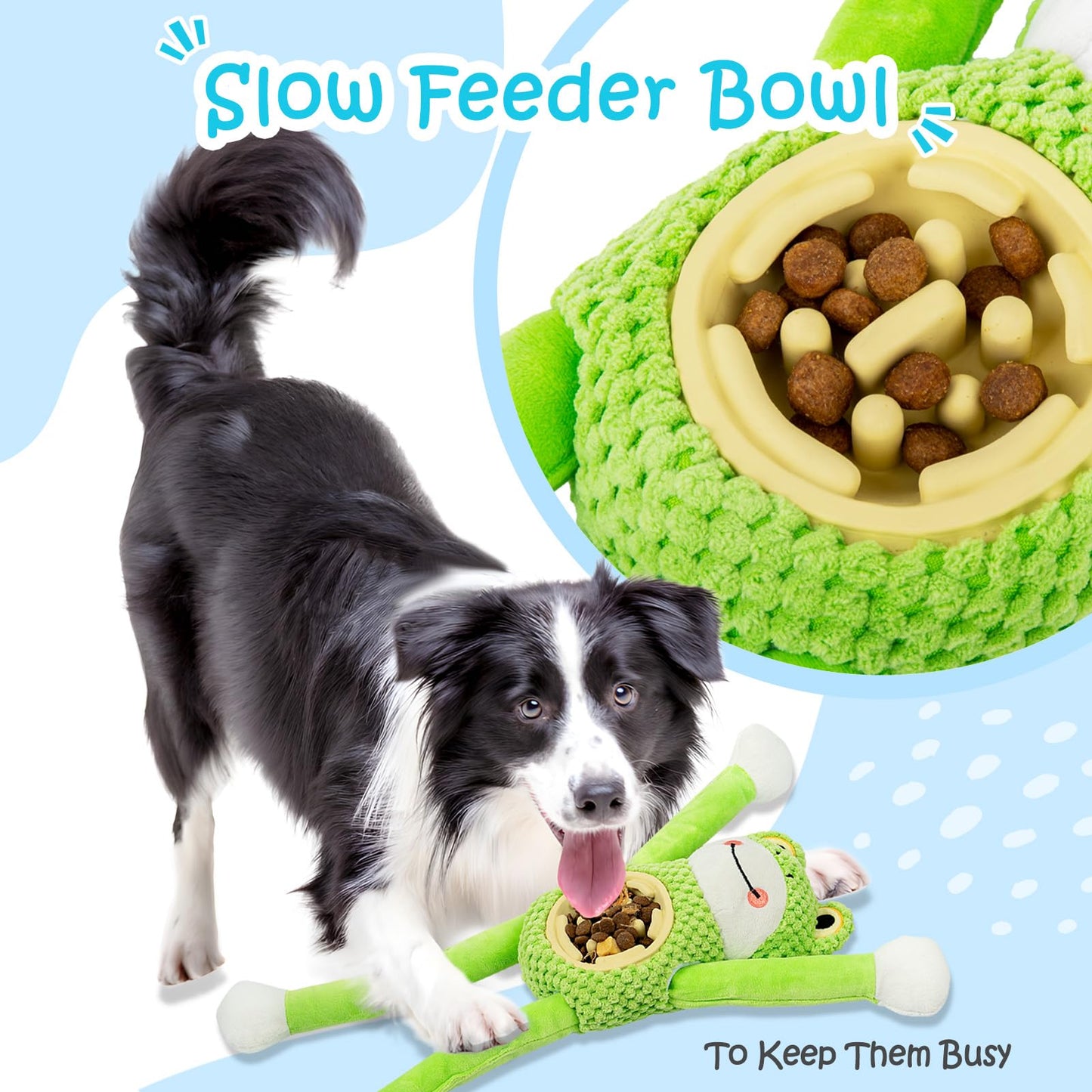 Squeaky Dog Toys - Interactive Frog Plush Dog Toy with Slow Feeder & Tug of War Game, Mental Stimulation Fluffy Stuffed Puppy Toys for Small, Medium, Large Breeds, Durable