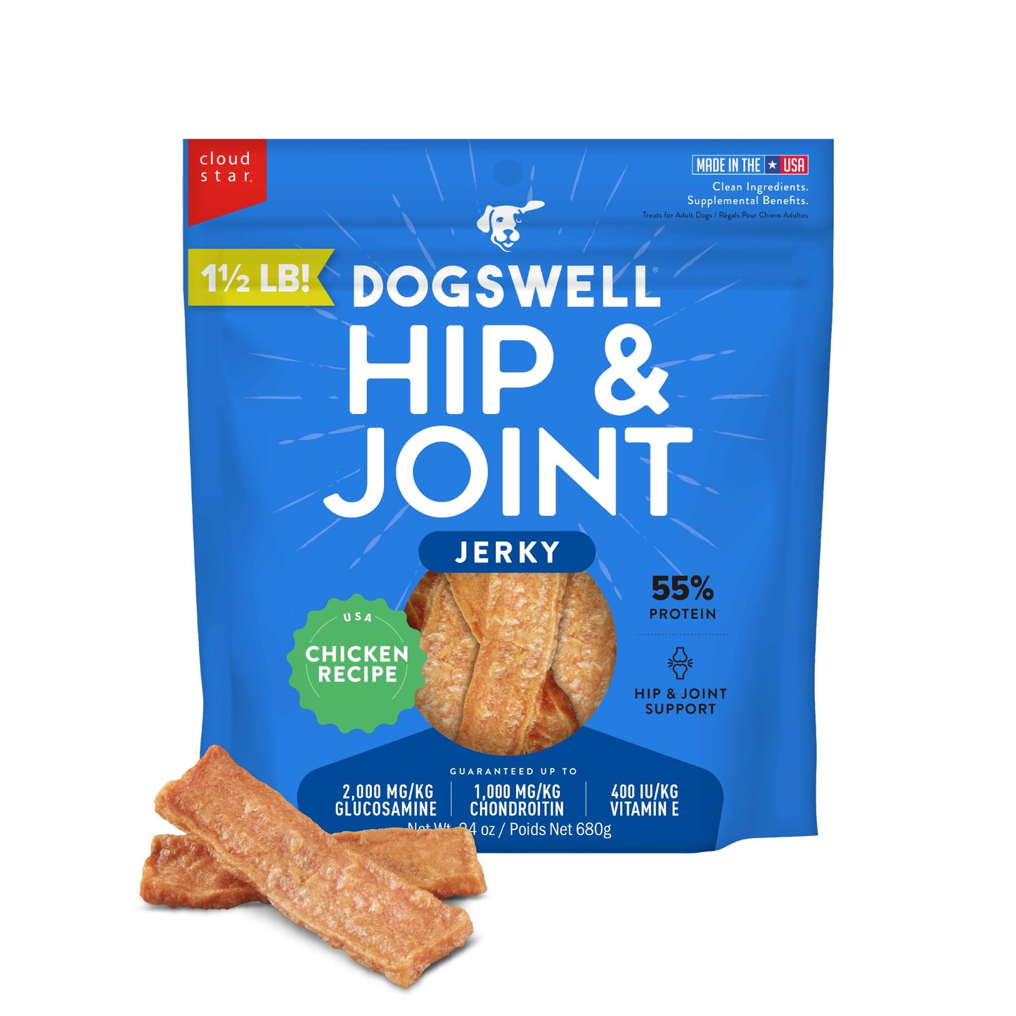 Dogswell Jerky Hip and Joint Dog Treats Grain Free Made in USA Only, Glucosamine and Chondroitin, 24 oz Chicken