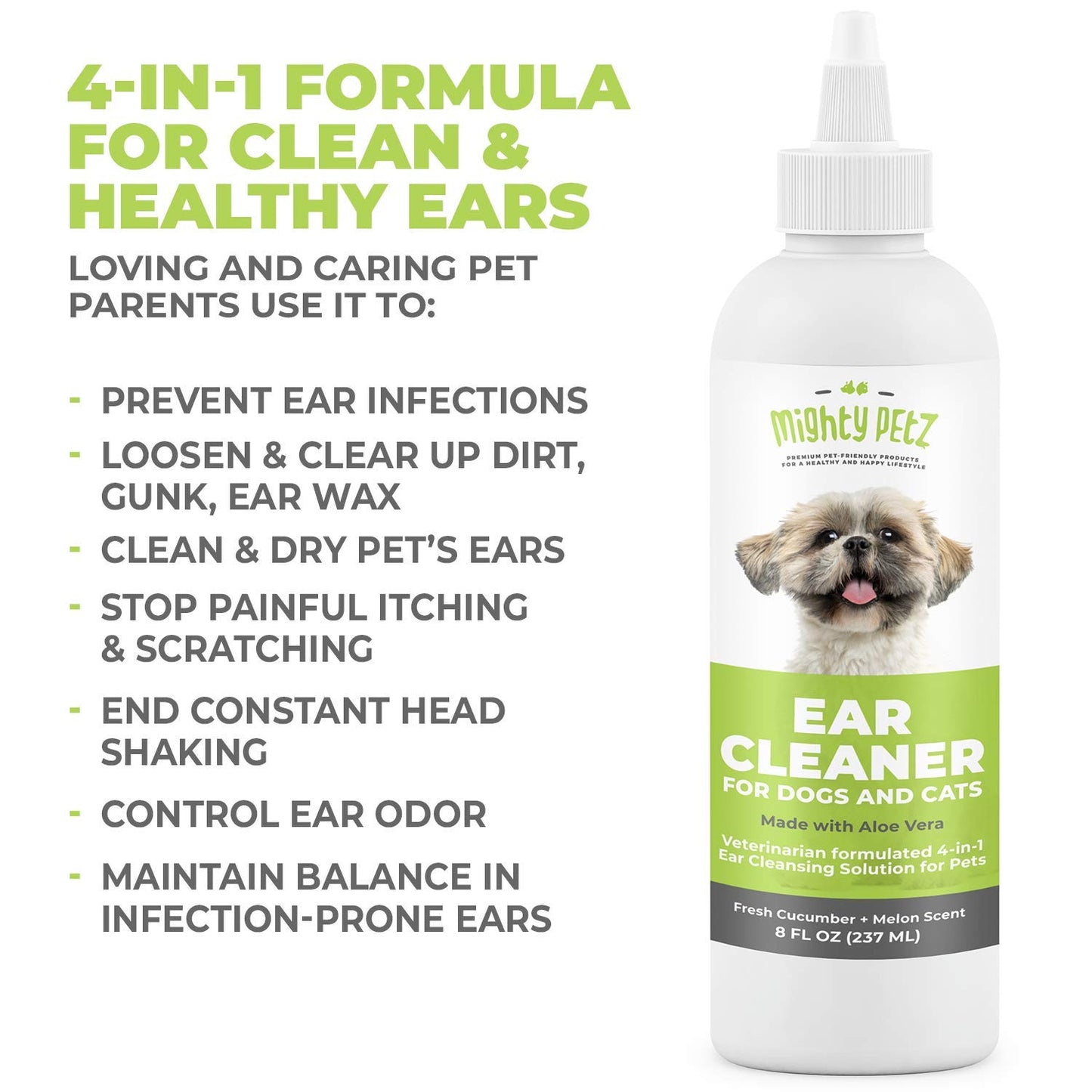 Mighty Petz 2-in-1 Oatmeal Dog Shampoo + Mighty Petz Dog Ear Cleaner Solution + 2-in-1 Dog Breath Freshener Spray & Water Additive Bundle