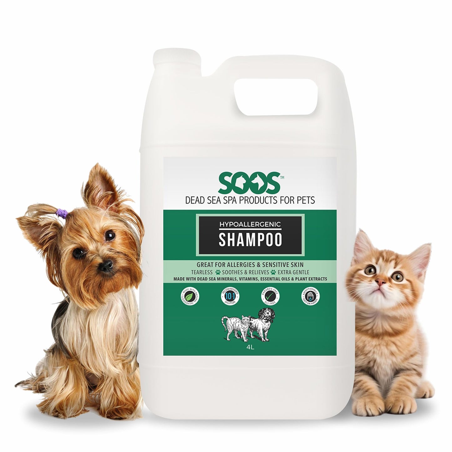 Soos Pet Hypoallergenic Shampoo for Dogs and Cats Made with Natural Dead Sea Minerals Fast Absorbing with Vitamins Essential Oils Natural Ingredients - 1x (4L Gallon)
