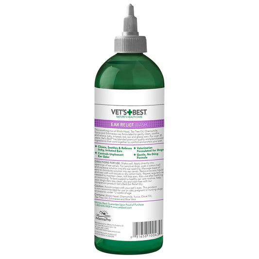 Vet's Best Dog Ear Relief Wash - Alcohol-Free No-Sting Formula - Controls Odors & Itching - Cleans Wax & Debris - 16 Ounces