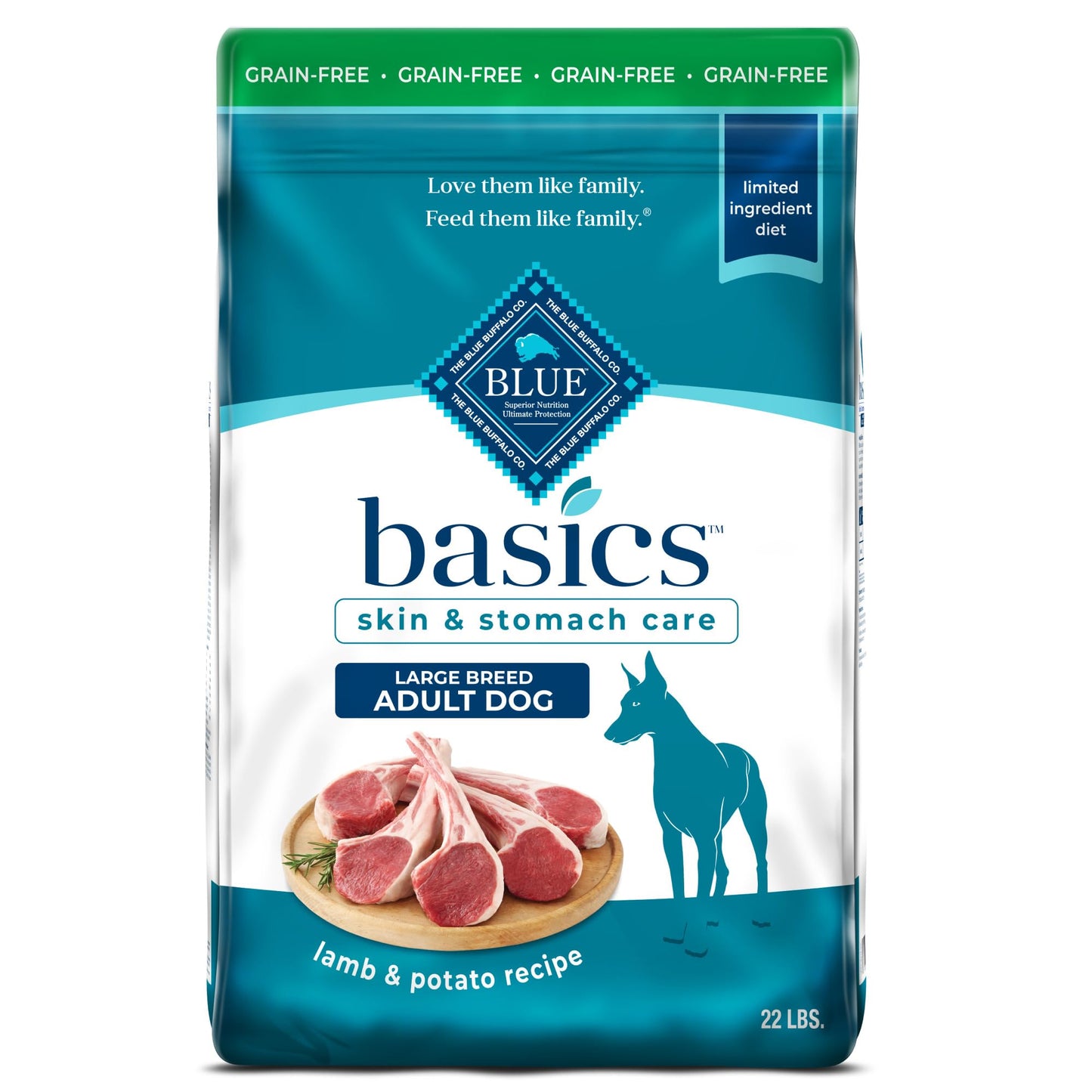 Blue Buffalo Basics Adult Large Breed Grain-Free Dry Dog Food for Skin & Stomach Care, Limited Ingredient Diet, Made in the USA with Natural Ingredients, Lamb & Potato Recipe, 22-lb. Bag