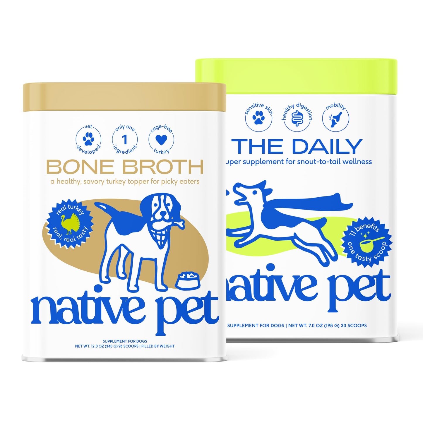 Native Pet Full-Body Wellness Duo: Turkey Bone Broth Powder for Dogs (96 Servings) & Daily Dog Multivitamin (30 Scoops) - Daily 11-in-1 Multivitamin and Pet Gravy Food Topper for Picky Eaters