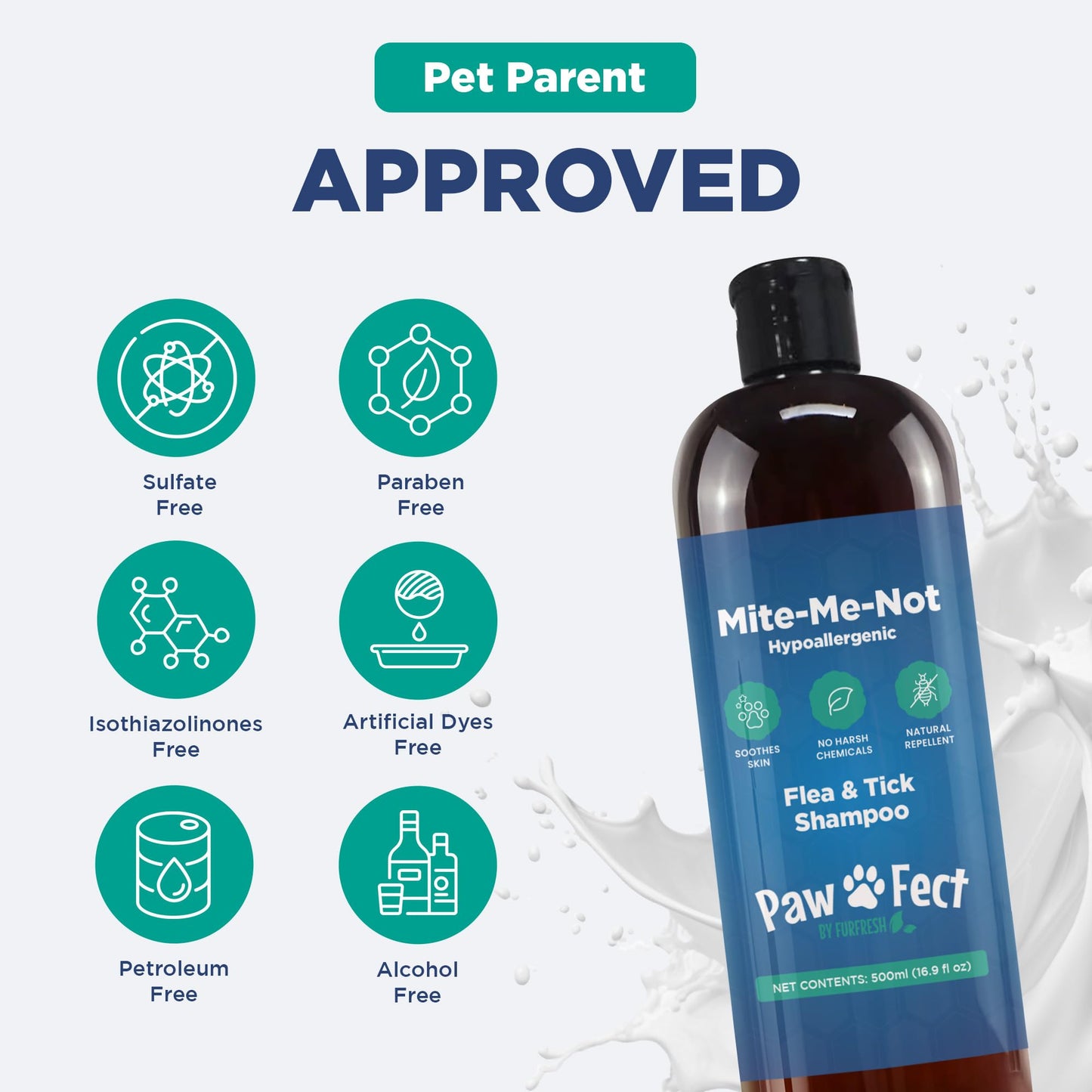 Hypoallergenic Flea and Tick Relief 16.9oz Dog Shampoo for Sensitive Skin Mite Me Not Formula for Itchy and Dry Coats Deep Cleansing and Moisturizing Pet Wash for Dogs and Puppies 500ml