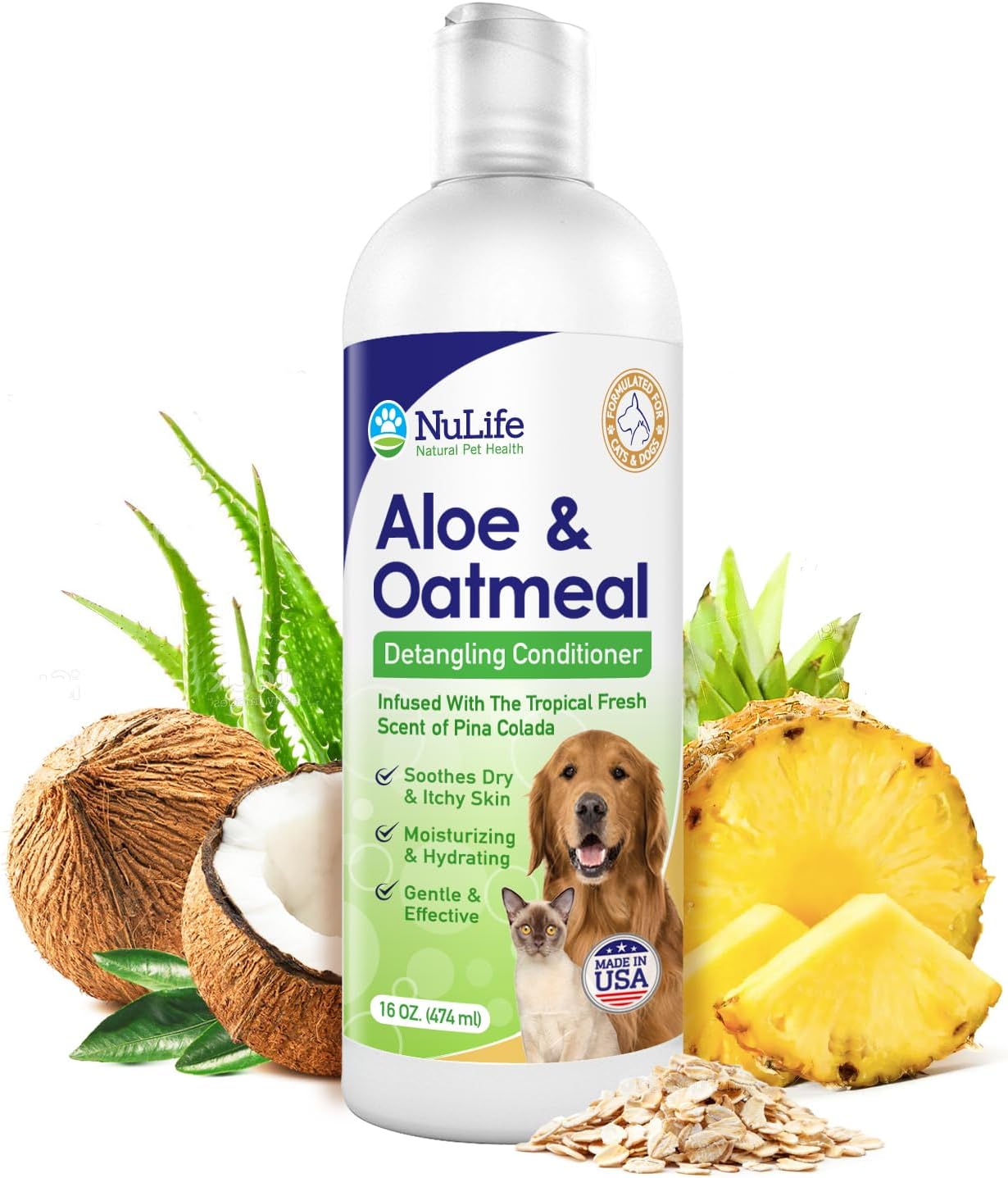 Oatmeal Dog Conditioner for Dry Itchy Skin with Soothing Aloe Vera, Suitable for All Pets, Moisturizes and Detangles Matted Hair, 16 Oz