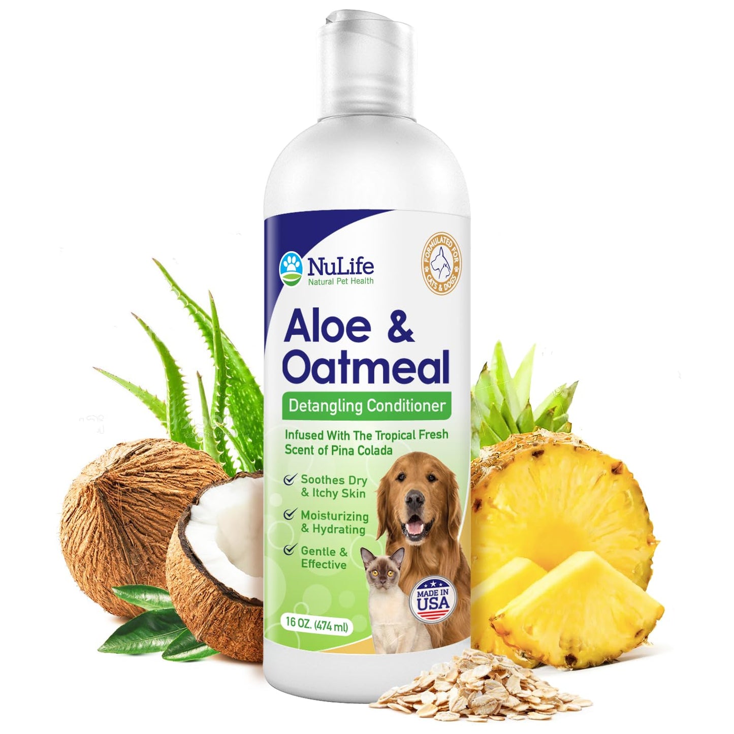 Oatmeal Dog Conditioner for Dry Itchy Skin with Soothing Aloe Vera, Suitable for All Pets, Moisturizes and Detangles Matted Hair, 16 Oz