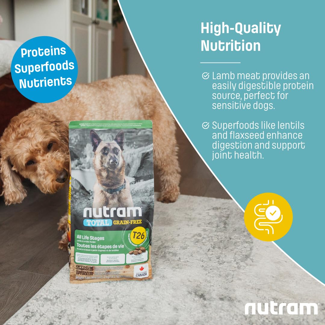 Nutram T26 Grain-Free Lamb & Lentils Dry Dog Food | High Protein, Chicken-Free Kibble with Pumpkin, Flaxseed & Salmon Oil | Easily Digestible, Allergy-Friendly for Puppies, Adults & Seniors