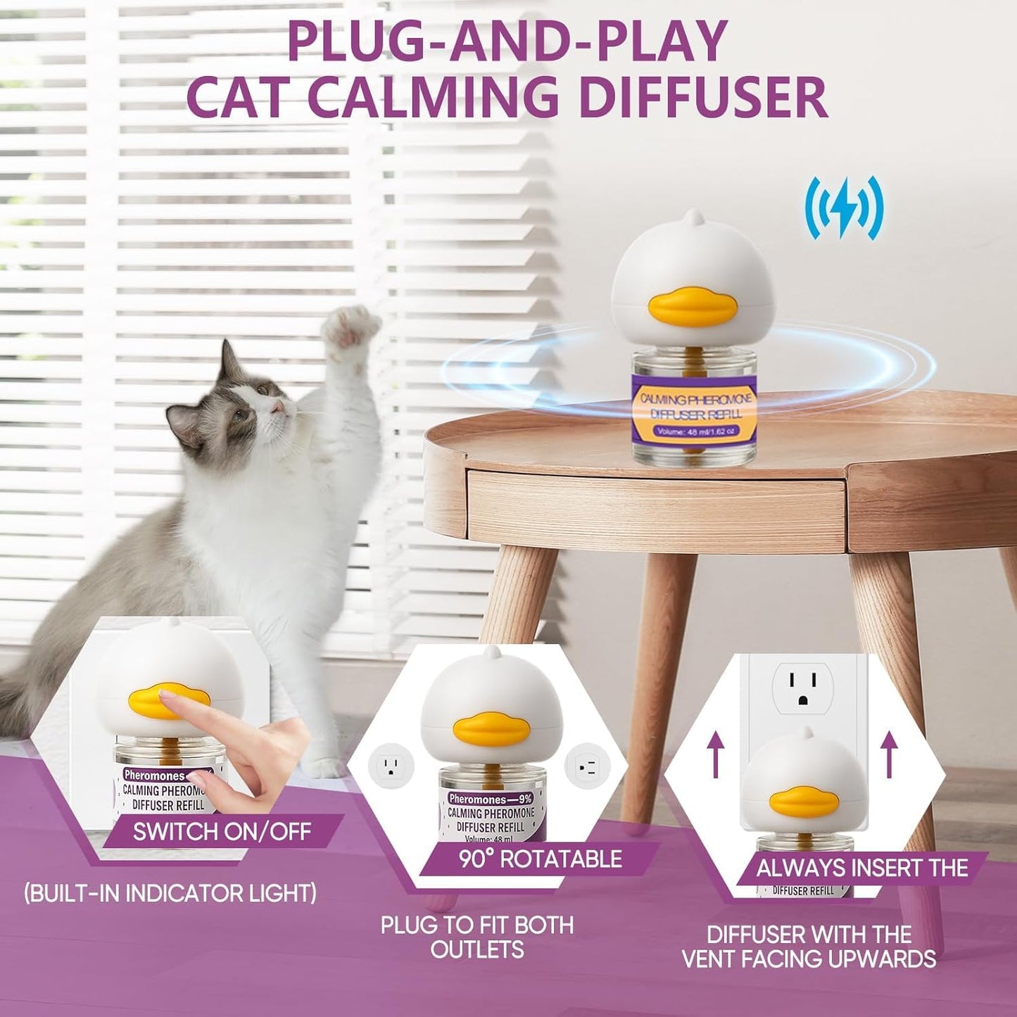 Cat Calming Diffuser Kit 6-in-1, Cat Pheromone Diffuser for Stress and Anxiety Relief, Includes 2 Plug-Ins + 4 Refills (48ml Each), 120-Day Supply, Drug-Free Comfort for Cats and Kittens - Purple