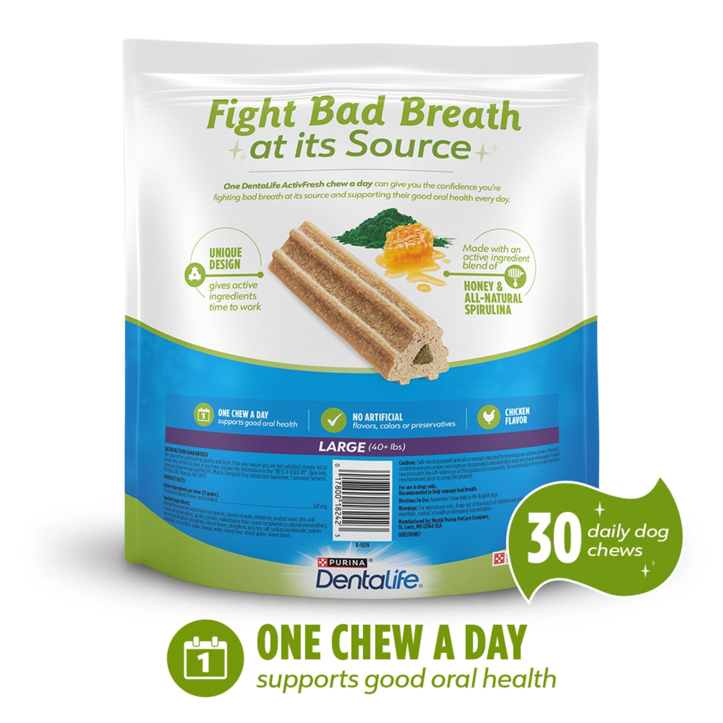 DentaLife ActivFresh Pack of 2 Dog Chews for Large Dogs 40 lbs. and up, Dental Chews to Freshen Breath, Chicken Flavor, 35 oz. each, 30 Chews each/60 Total Chews - 30 ct. Pouch