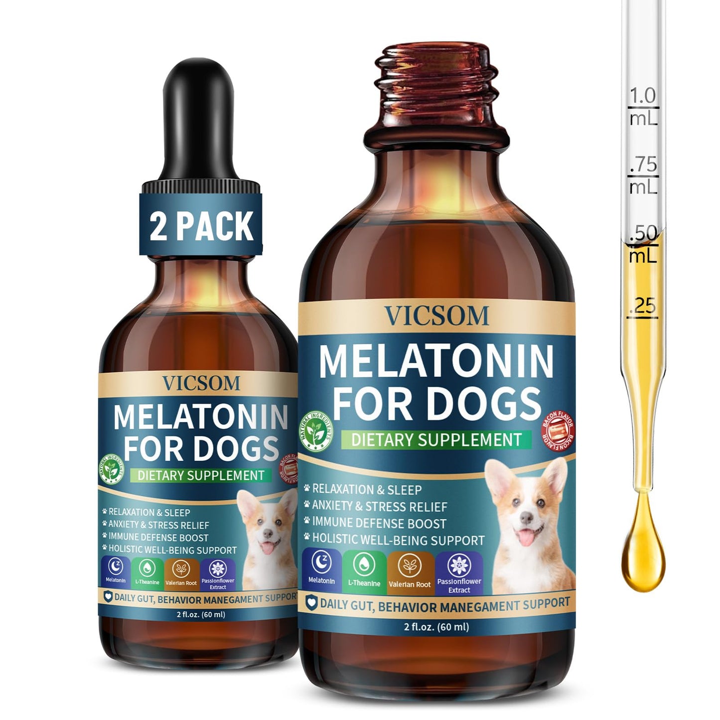 Liquid Melatonin for Dogs, 2 Pack Dog Melatonin for Small Medium Large Dog Sleep Aid, Stress & Anxiety Relief, Calm Aid for Dogs Puppies, Support Relaxation & Deep Sleep, 60ml x2