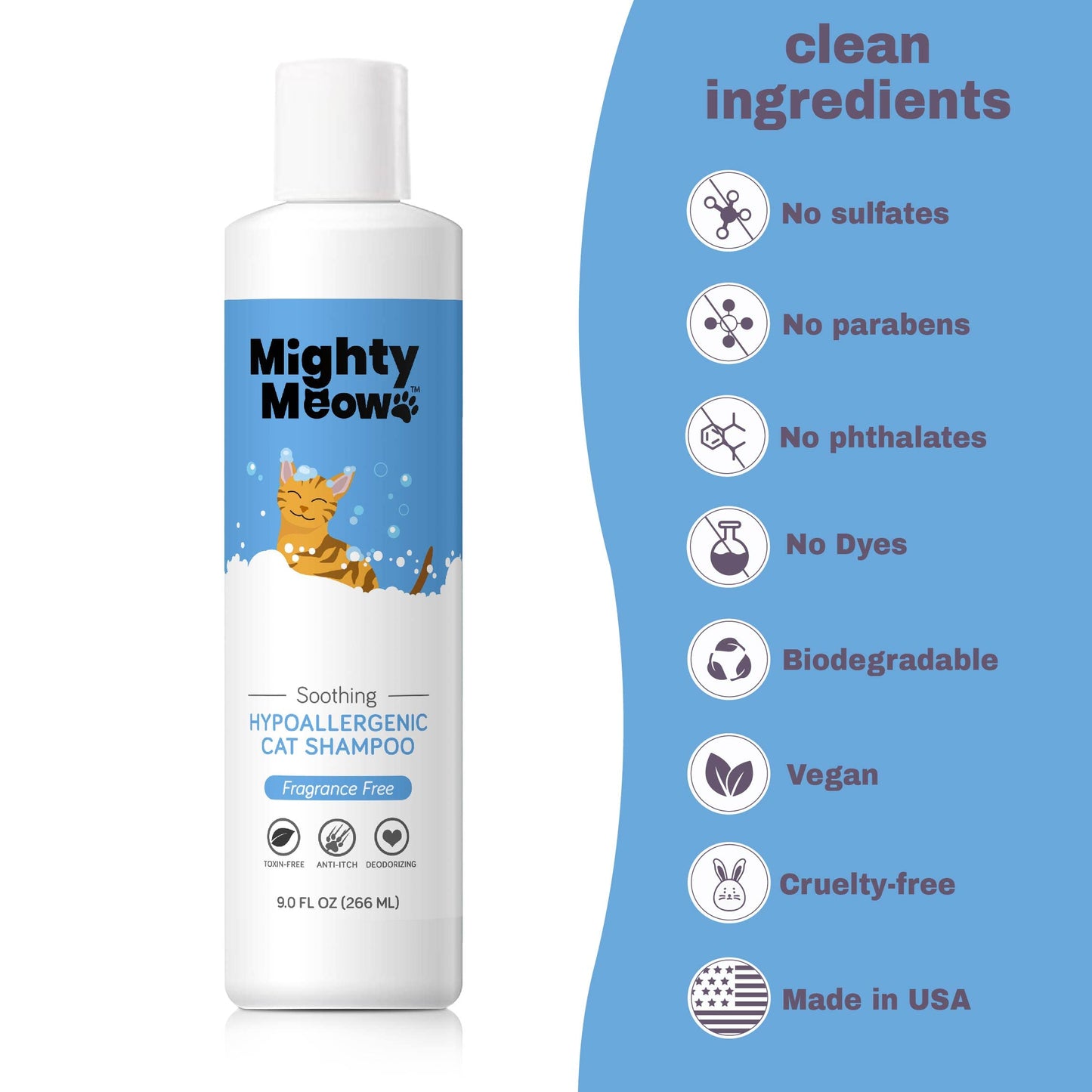 Mighty Meow Soothing Hypoallergenic Cat Shampoo – Easy at-Home Cat Grooming | Deodorizes | Gentle & Anti-Itch | Natural & Allergy-Safe Cat Shampoo Sensitive Skin – Fragrance Free | 9 fl oz