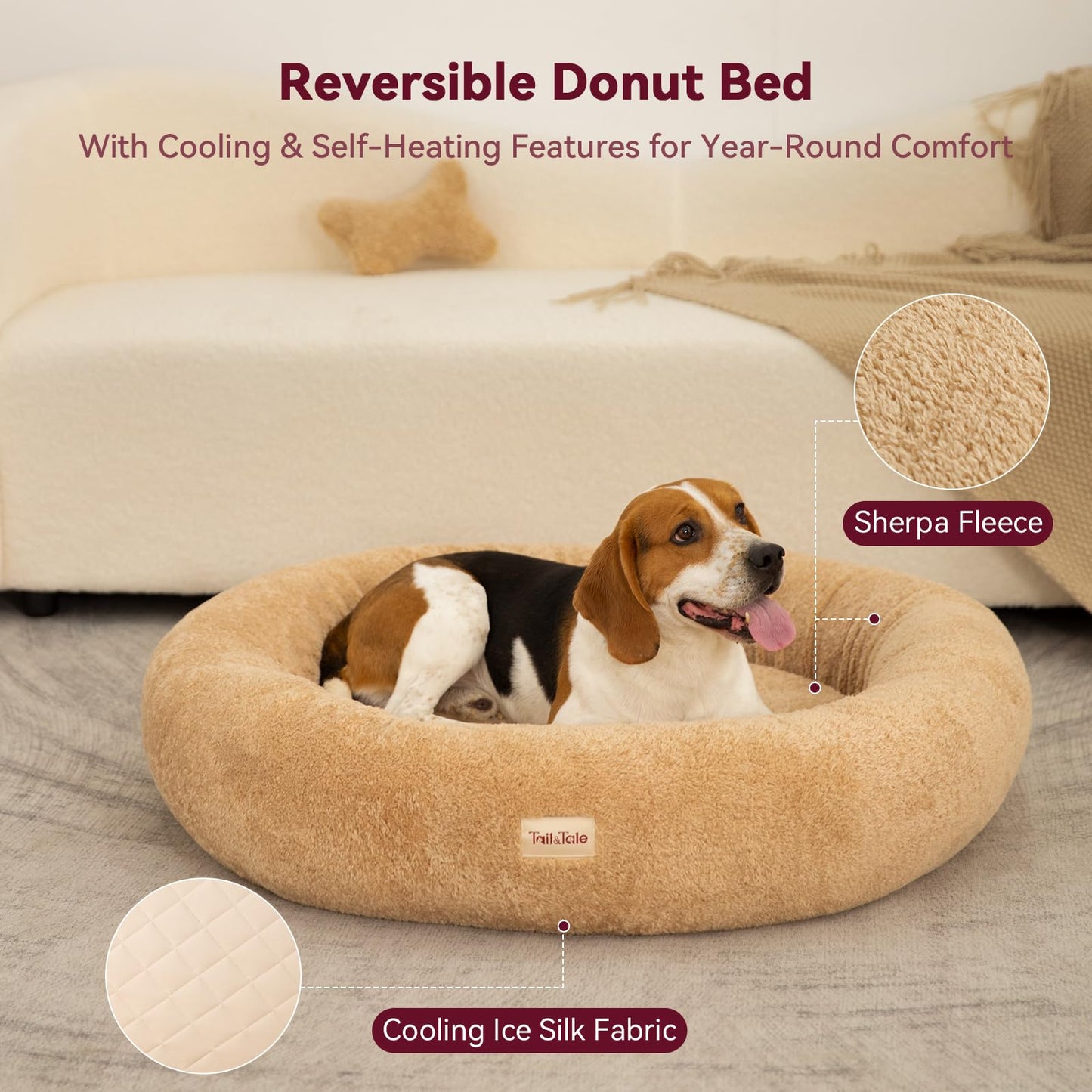 Calming & Cooling Donut Dog Bed for Medium Size Dog – Memory Foam Round Plush Pet Mat for Anti-Anxiety. Waterproof Comfort Pet Bed w/Faux Fur, Non-Slip Bottom & Removable Washable Cushion for Couches