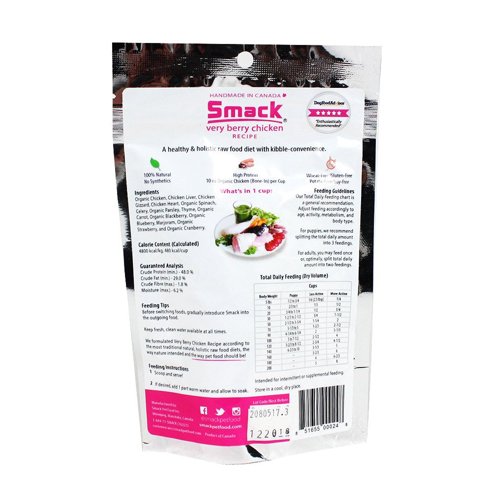 Smack Pet Food Organic Raw Dehydrated Dog Food Grain-Free, Gluten-Free, Raw Food for Dogs (Very Berry Chicken, 8.8 Ounce