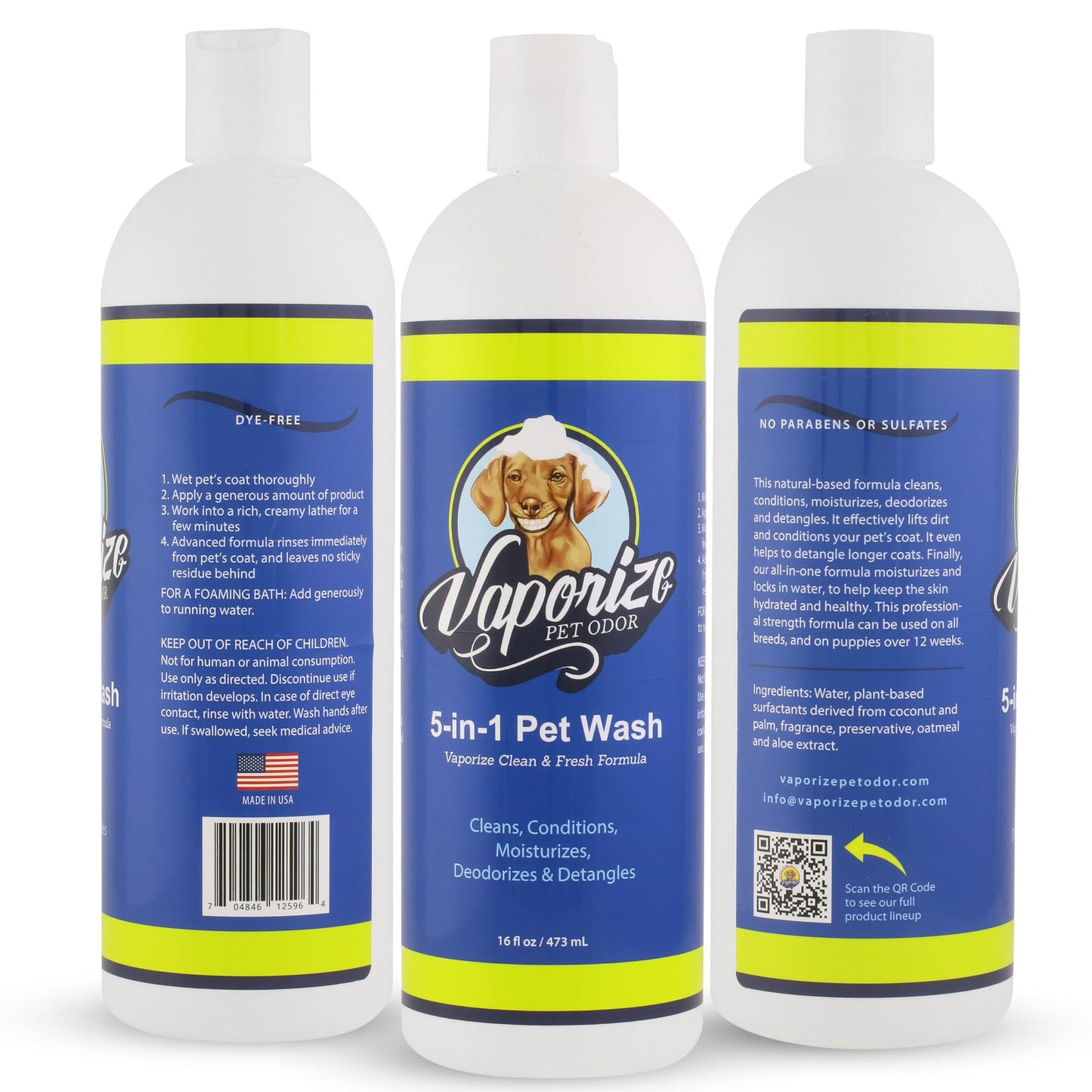Vaporize 5-in-1 Pet Wash Shampoo Gently cleanses, deodorizes, Conditions, detangles, and soothes Your pet’s Coat and Skin—All in one Easy Step. Perfect for Dogs and Cats