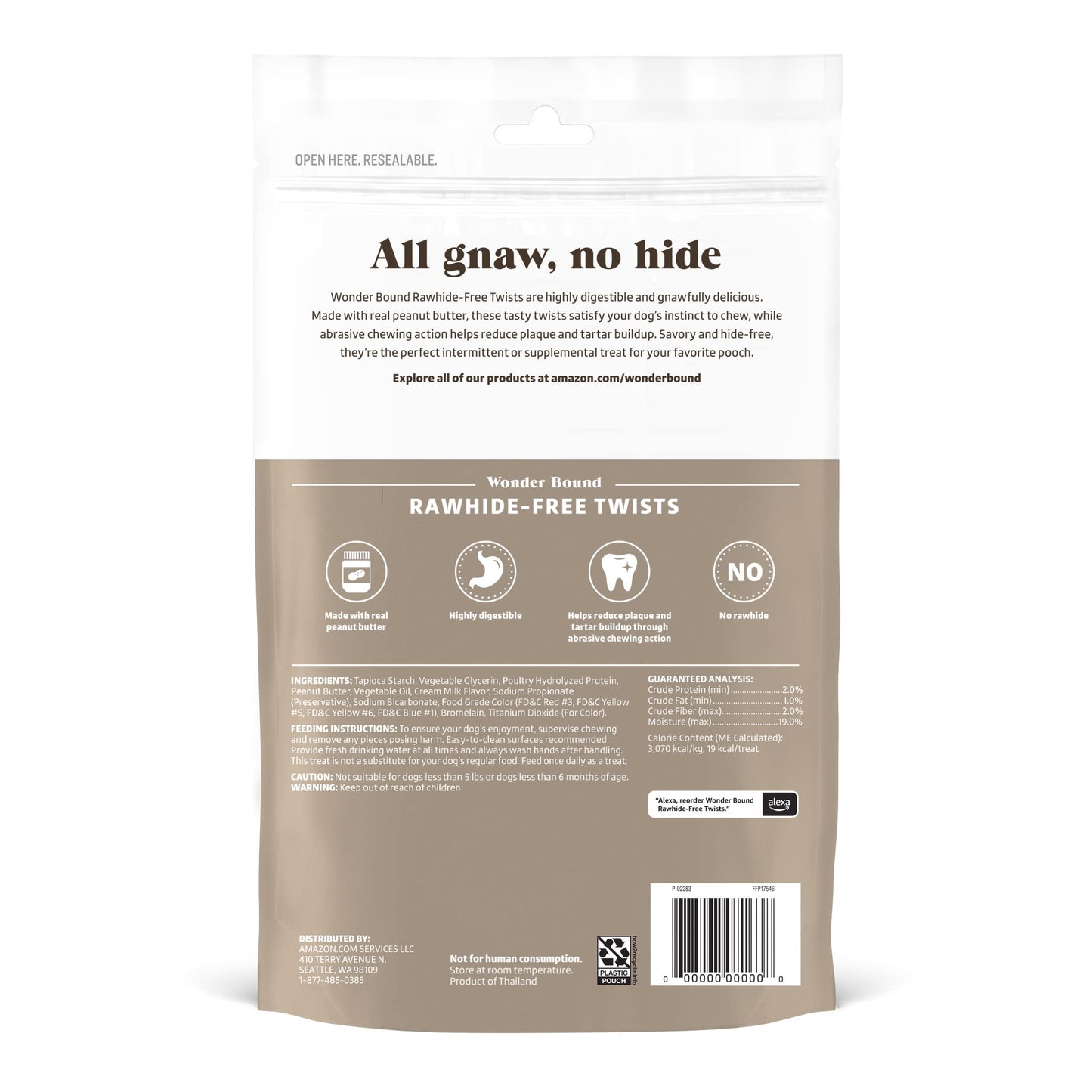 Wonder Bound Peanut Butter Flavor Dog Twist Sticks - 55 Count - Rawhide-Free Dog Treats, Dental Health Chews for Plaque & Tartar Control, Easy to Digest, Long-Lasting