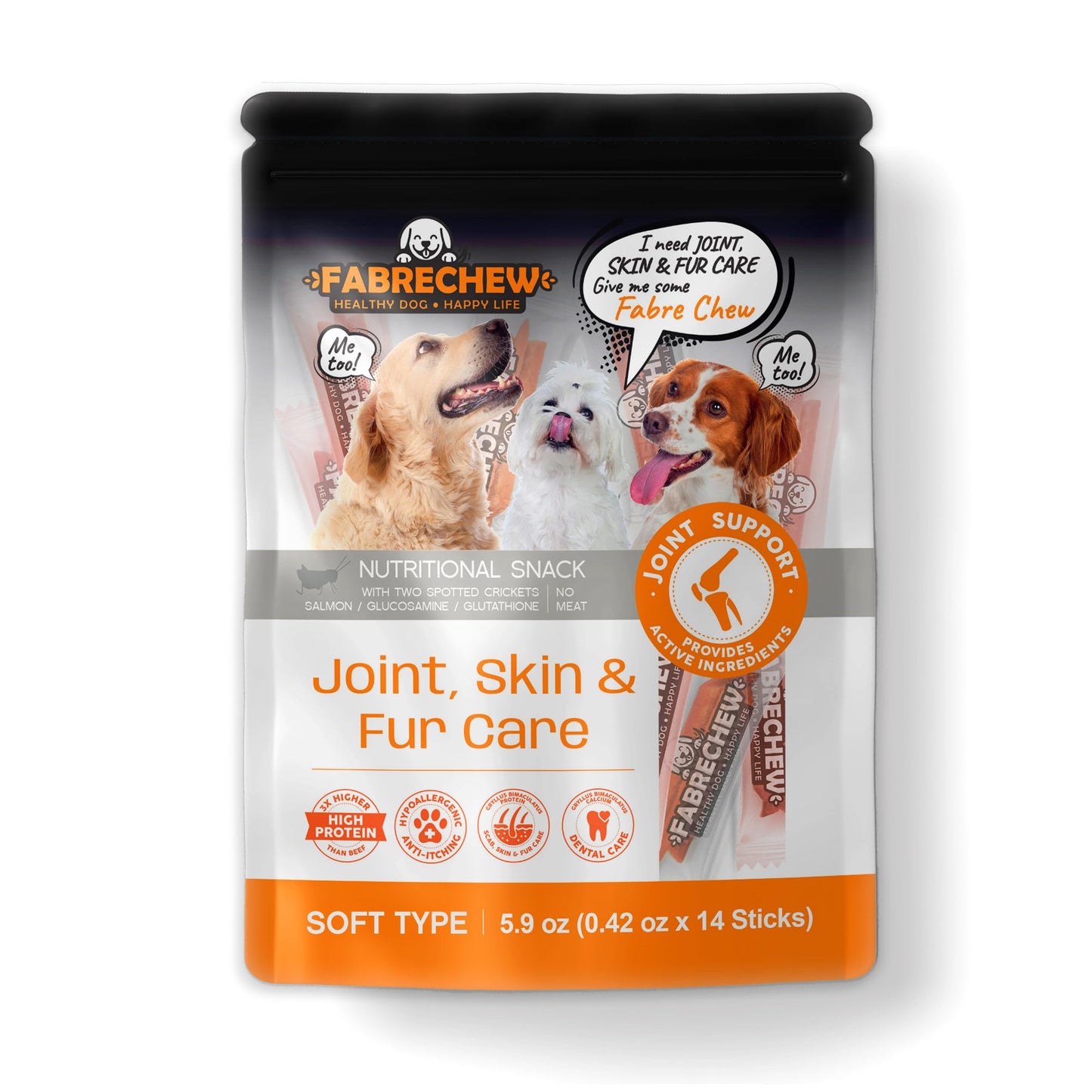 Fabrechew Orange Joint, Skin & Fur Care Cricket & Salmon Protein Dog Treats : High-Protein Dental Snacks, Hypoallergenic, Meat Free, Soft Type (14 Pcs)