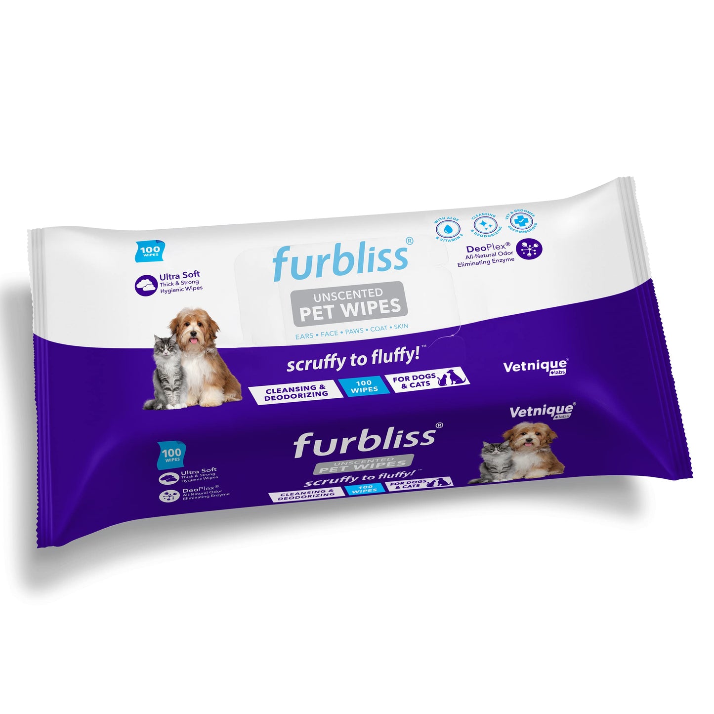Vetnique Labs Furbliss Anti-Itch Soothing Oatmeal Shampoo 16oz & Furbliss Unscented Hygienic Grooming Pet Wipes (100 Ct) Bundle Anti-Itch Oatmeal Shampoo for Dogs, Hypoallergenic Wipes with Vitamin E