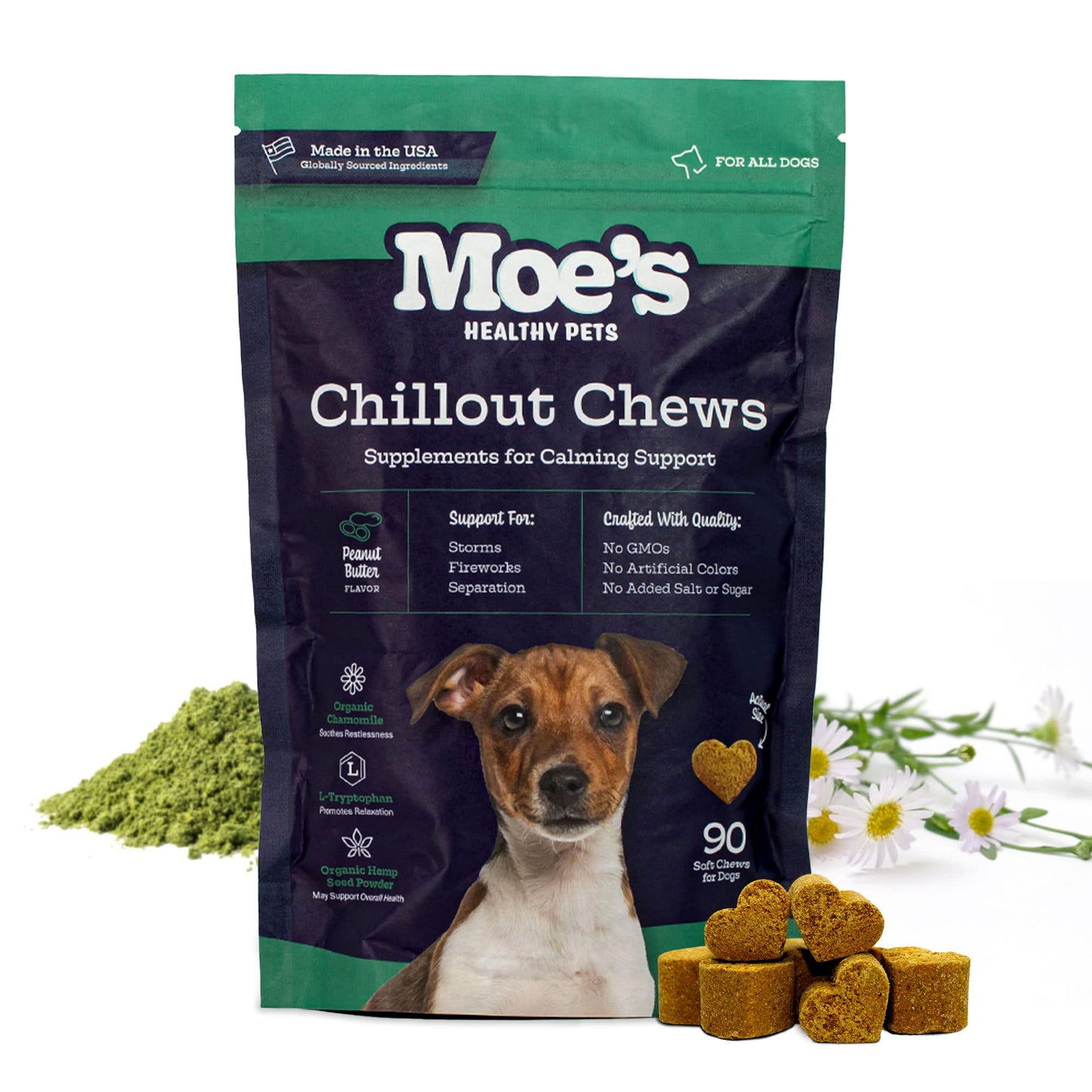 Moe’s Calming Chews for Dogs 90ct – Natural Anxiety Relief with Hemp, Chamomile, and Tryptophan – Calming Dog Treats for Separation, Fireworks, Travel and Storms (Peanut Butter)