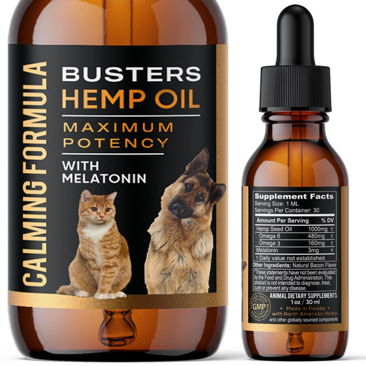 Busters Calming Hemp Oil, Enriched with Melatonin for Dogs, Cats, Pets, Sleep, WEL Being and an Ideal Omega Ratio, Adrenal and Cushings Support